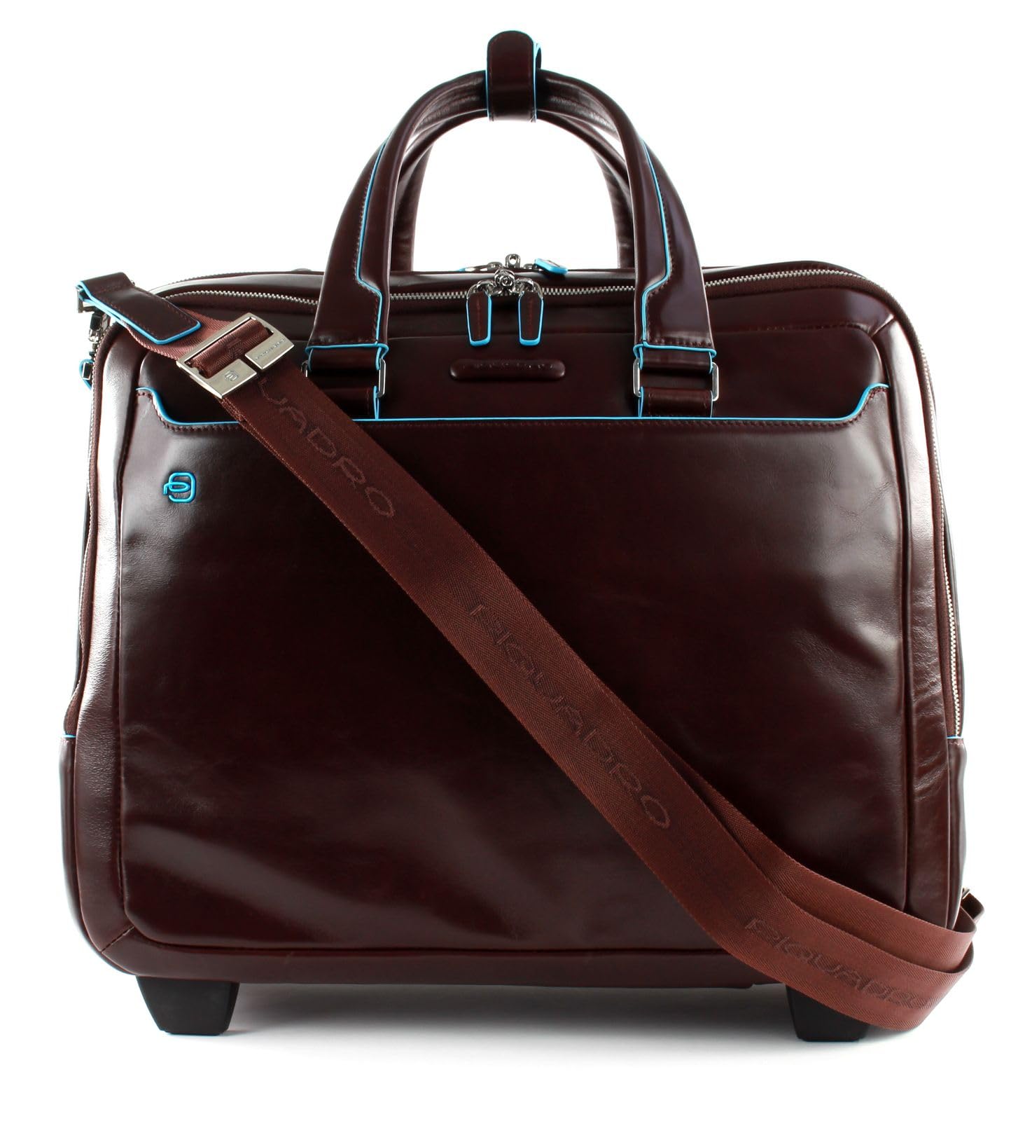 PIQUADRO - Trolley Piloti in Pelle Porta PC Blue Square - Unisex - Mogano | Alloggio Tablet 13", A spalla, Protezione antiurto, Vano laptop, Elegante e Professionale