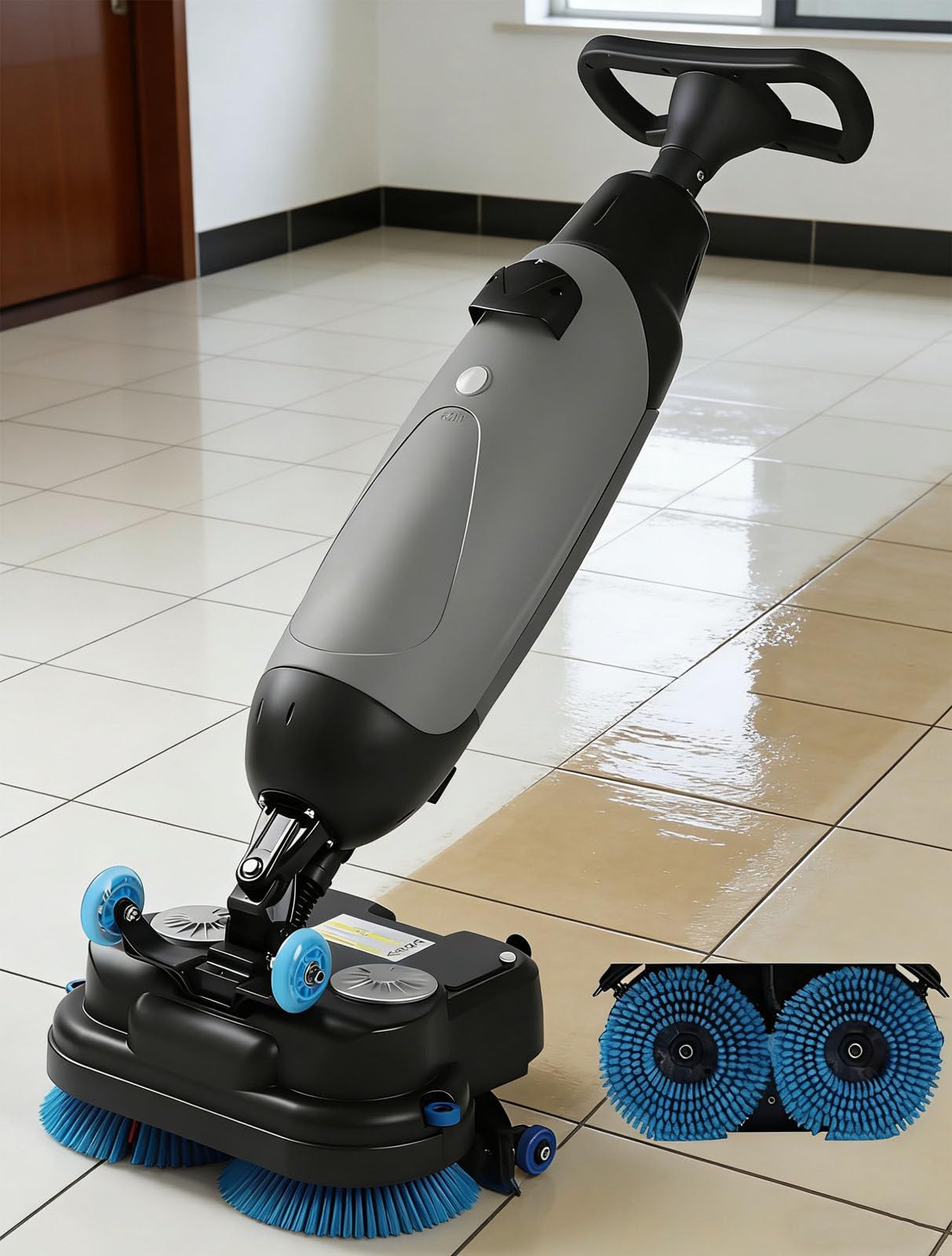 Drmoxin Grey Commercial Floor Scrubber Machine, Cordless Hand Push Washer, 13000 Sqft/H, 350 Rpm Rotary Double Brushes For Efficient Cleaning In Supermarkets And Large Spaces