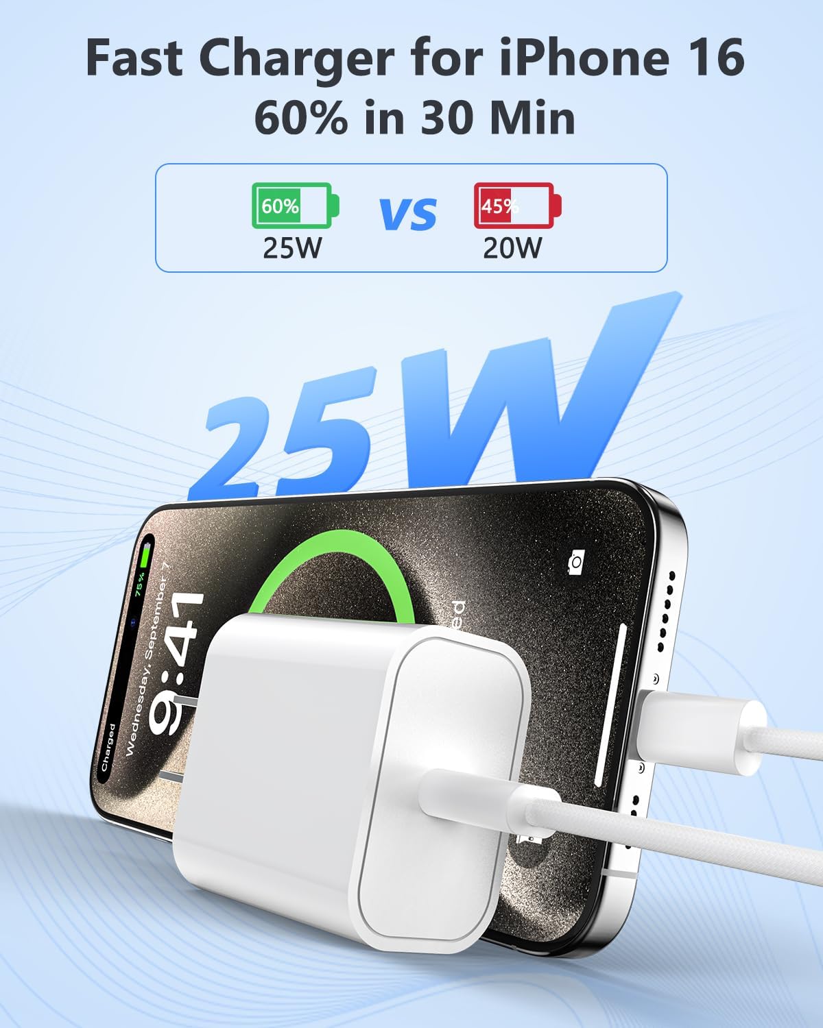 iPhone 17 16 15 Fast Charger, 25W USB C Wall Charger Block with 60W 6 FT USBC Cable for iPhone 17/17 Pro/17 Pro max/Air/16 15 Pro Max Plus, iPad, Samsung, 25 Watt Type C Charging Block and Long Cord