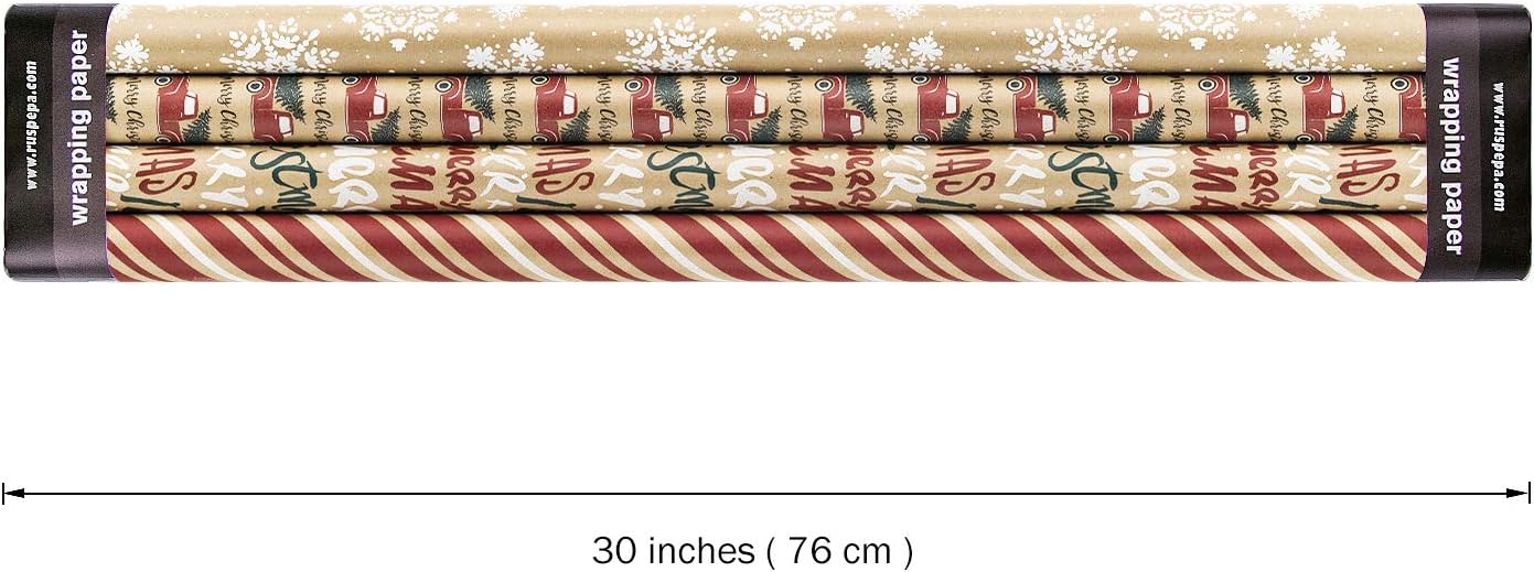 RUSPEPA Wrapping Paper, Kraft Paper - Snowflakes, Car and Christmas Tree, Stripes and Merry Christmas - 4 Rolls - 30 inches x 10 feet per Roll