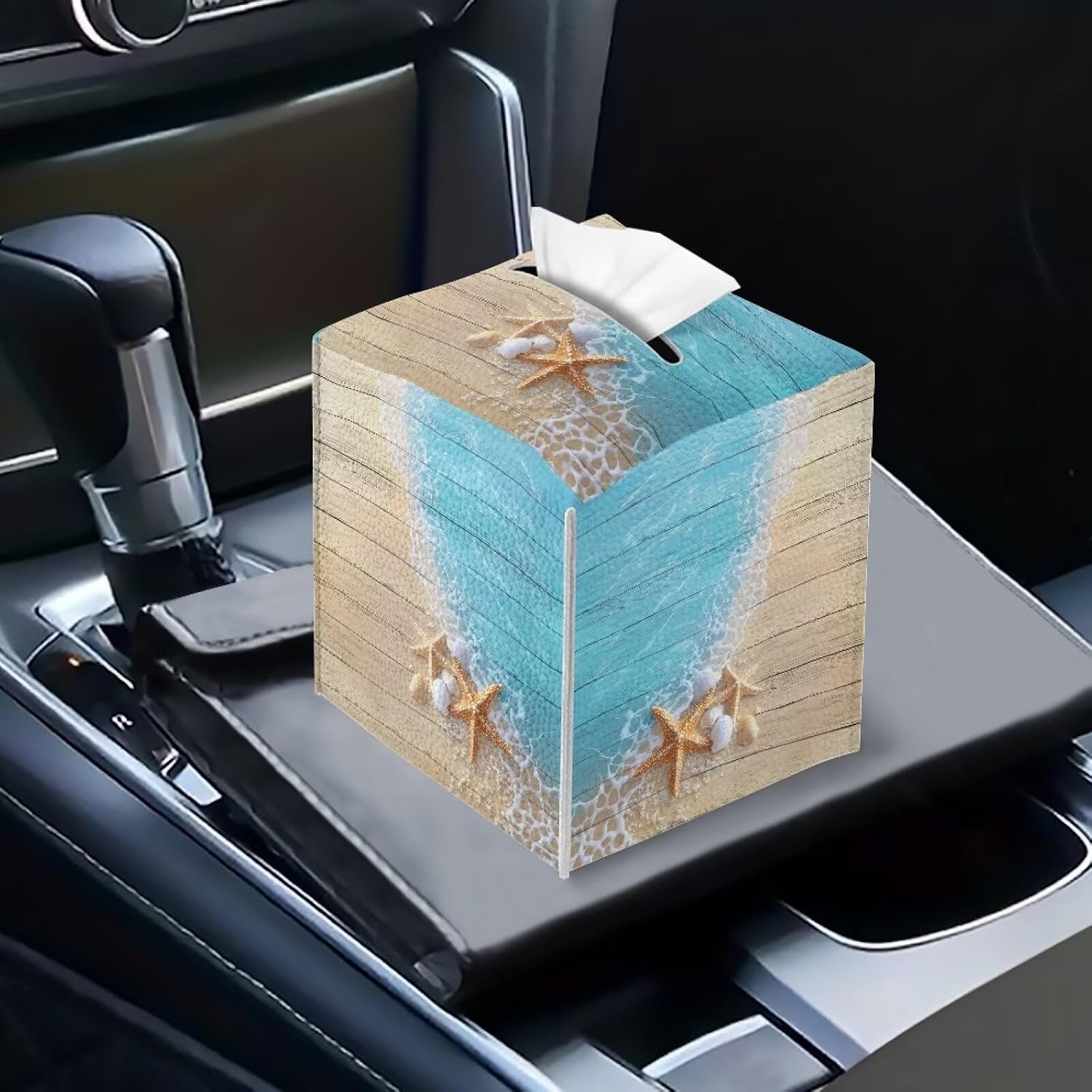 Beach Starfish Tissue Box Cover Square Foldable Napkin Facial Tissue Holder Tissue Box Holder with Bottom Belt Facial Paper Organizer Home Car Decor image 5