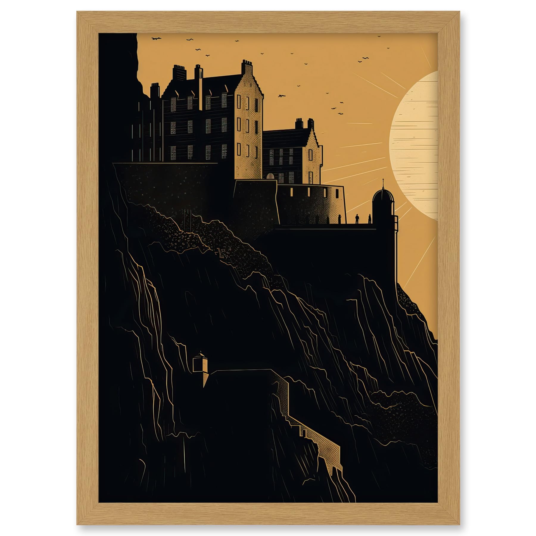 Artery8 Edinburgh Castle at Sunset Linocut Illustration Artwork Framed A3 Wall Art Print