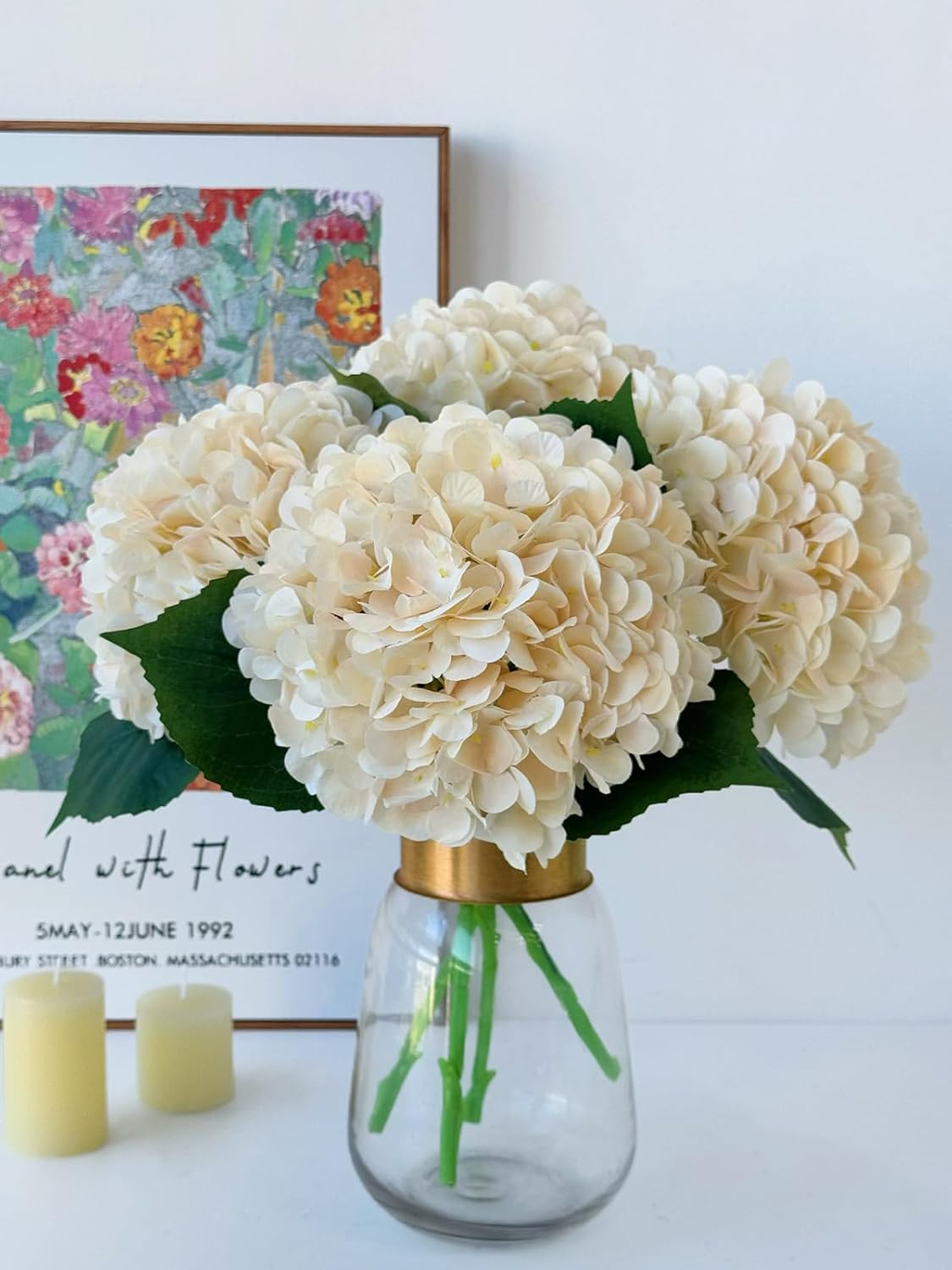 YalzoneMet 4Pcs Champagne Silk Hydrangea Artificial Flower Lifelike Big Blooms 20'' Long Stem Faux Hydrangea Flower Bouquets for Home Party Indoor Outdoor Wedding Table Centerpiece Decor