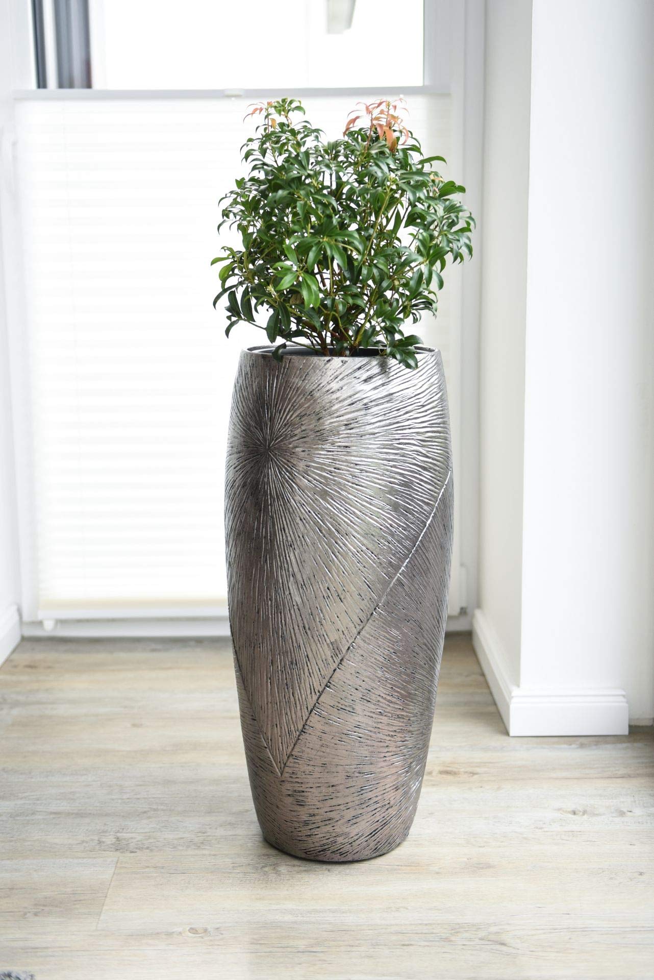 VIVANNO Pflanzkübel Pflanzgefäß exklusiv Fiberglas Royal, Silber Schwarz 73 x 33 cm