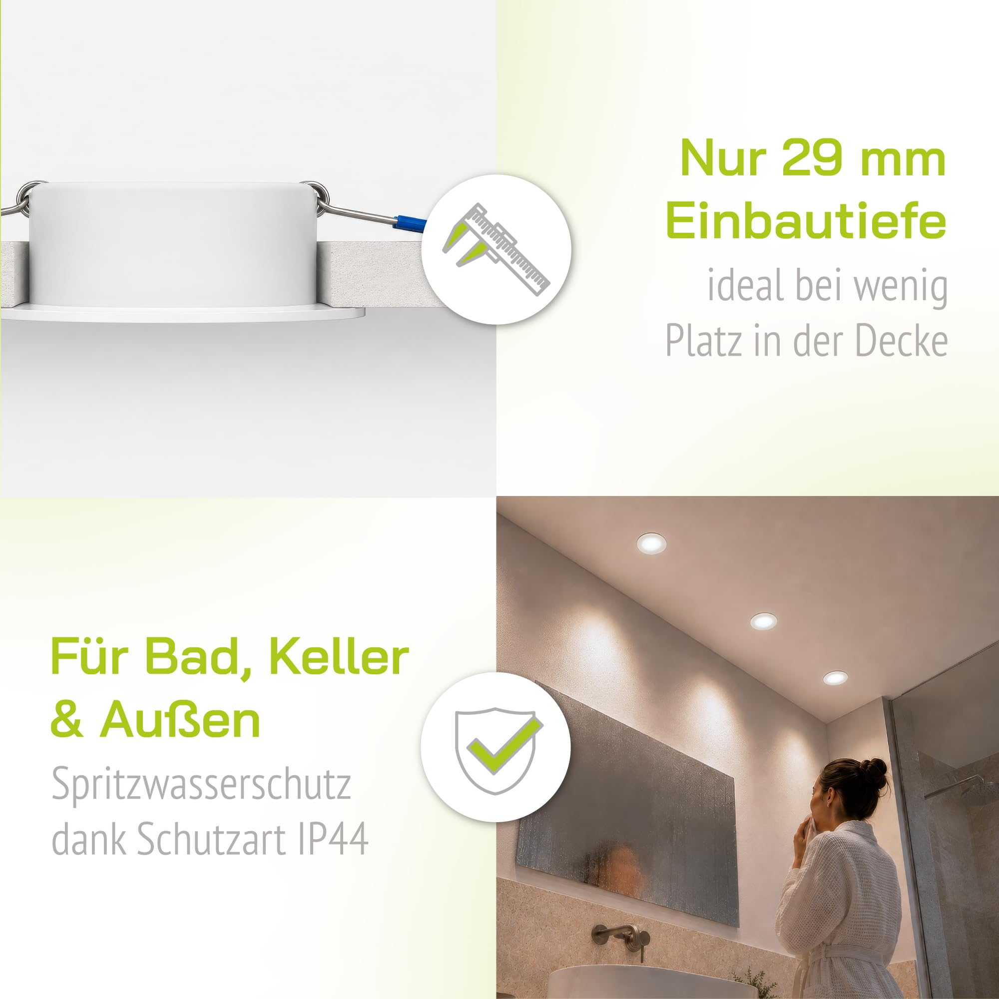 linovum WEEVO Einbauspot 10er Set silber rund IP44 5W neutralweiß 29mm | Zehn extra flache Einbauspots IP44 - neutralweiß, satinierte Front, nur 29mm tief, für Bad, Küche & Flur, direkt an 230V