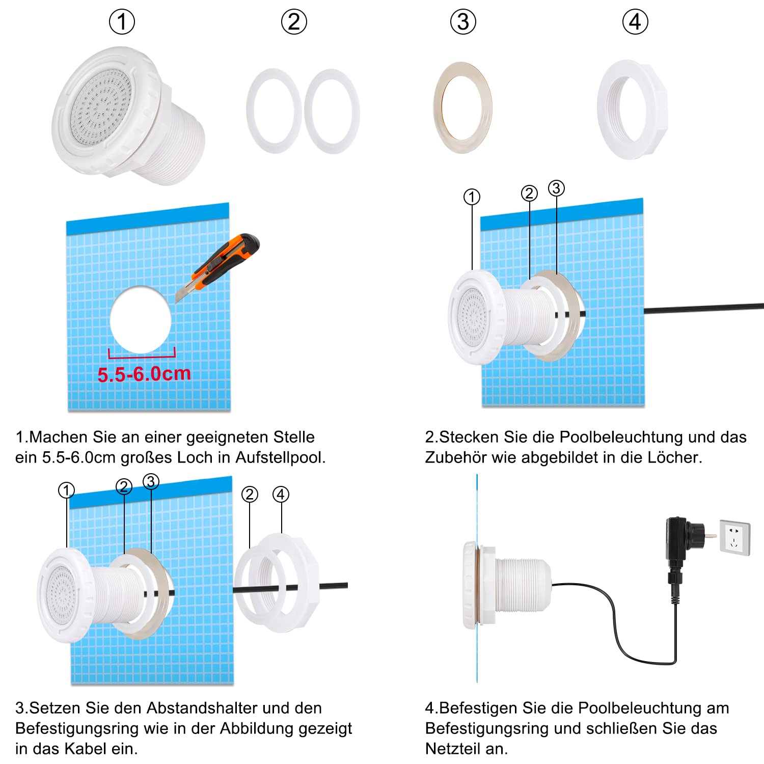 LED Poolbeleuchtung für Aufstellpool, 12W RGB Dimmbar Farbwechselnde Kompatibel mit Fernbedienung,Schwimmbad Licht,für Stahlrahmen & Stahlwandpool,IP68 Wasserdicht 7m Kabel,12V