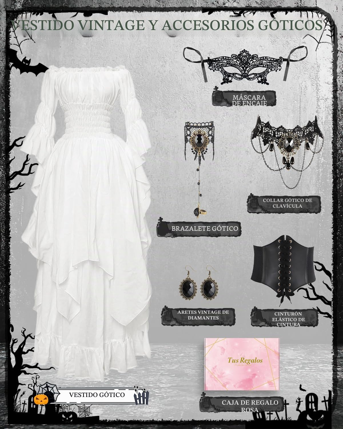 Vestido Medieval para Mujer, Vestido Renacentista con Cinturón, Disfraz de Gótico, Collares, Pulseras, Pendientes,Victoriano para Carnaval, Halloween, Fiestas de Princesas