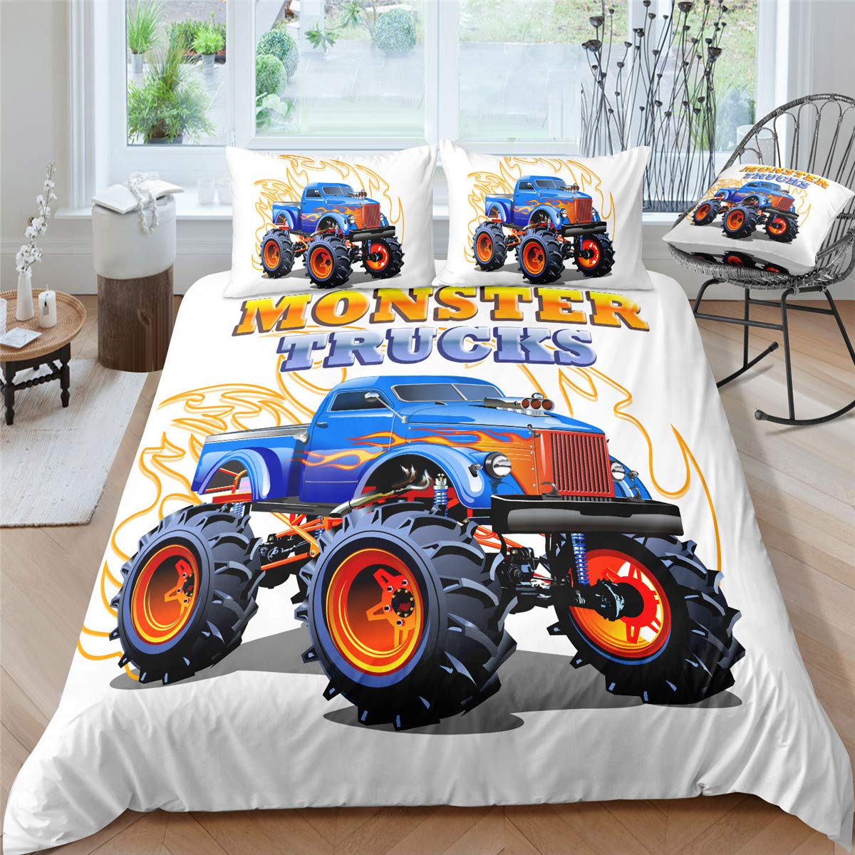Helehome Monster Truck Duvet Cover Set King Size, Boys Hobby Sports Bedding Set Exotic Automobile Style Image Decorative 3 Piece Bedding Set with 2 Pillow Shams