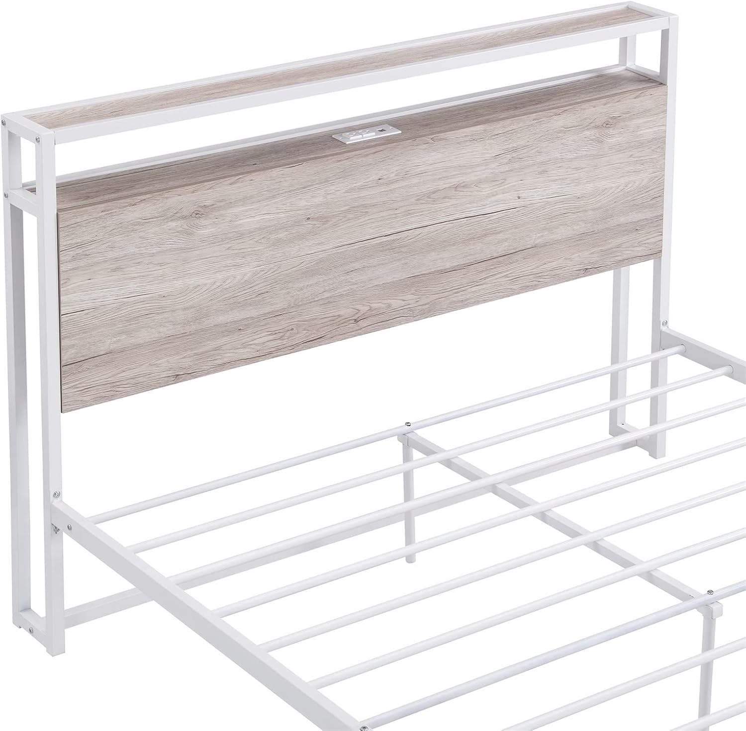 Bellemave Full Metal Bed Frame with Wooden Headboard and USB Ports Full Size Platform Bed 2-Tier Storage Headboard and Charging Station, Noise-Free, No Box Spring Needed, White