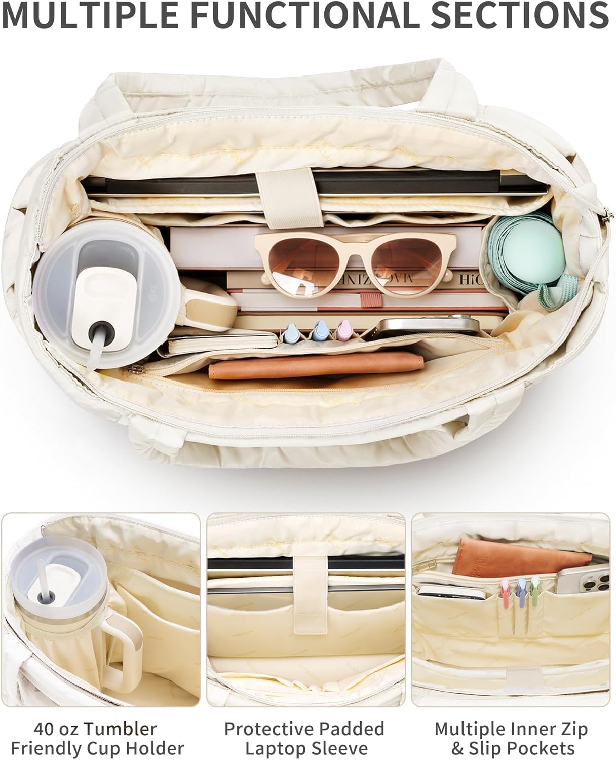 Puffer Tote Bag for Women, Lightweight Puffy Work Handbag Teacher Nurse Quilted Shoulder Bag for School Travel Gym | Cloud Bag w/ Zipper, Daily College Bags, 15.6" Computer Bag, Clinical Nursing Bag, 40 OZ Tumbler Holder, Ideal Gift for Women - Image 4