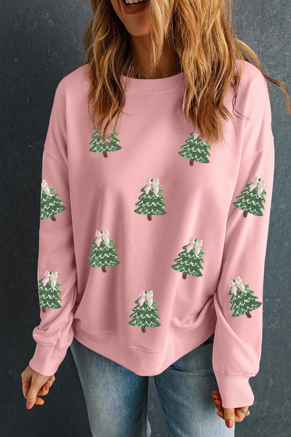 whoinshop Christmas Sweatshirts For Women Sequin Xmas Tops Orange Long Sleeve Shirts Crew Neck Casual Pullover Top