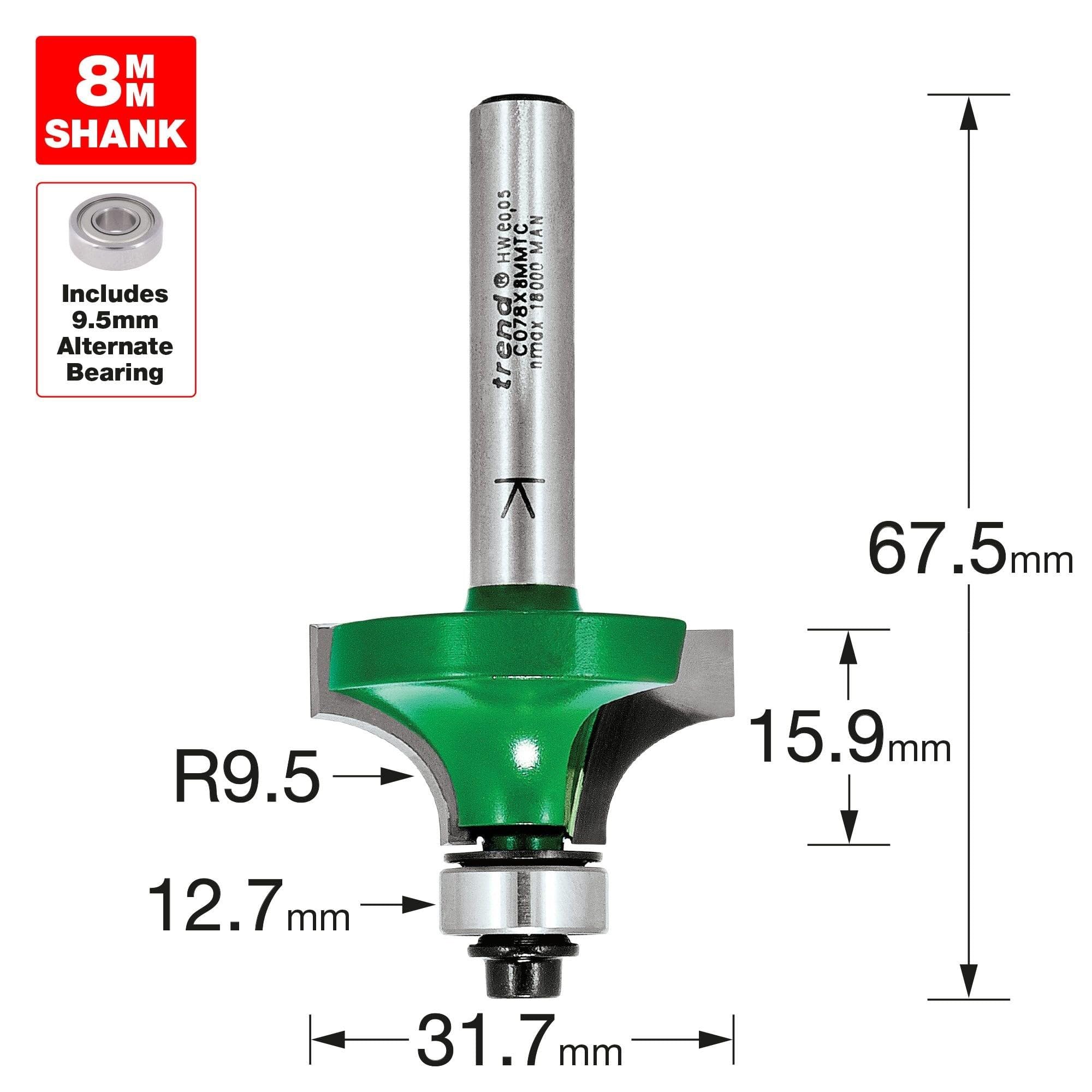 TREND CraftPro Kugelgelagerter Abrundfräser, 8 mm Schaft, 9.5 mm Radius, 15.9 mm Schnittlänge, Hartmetallbestückt, C078X8MMTC