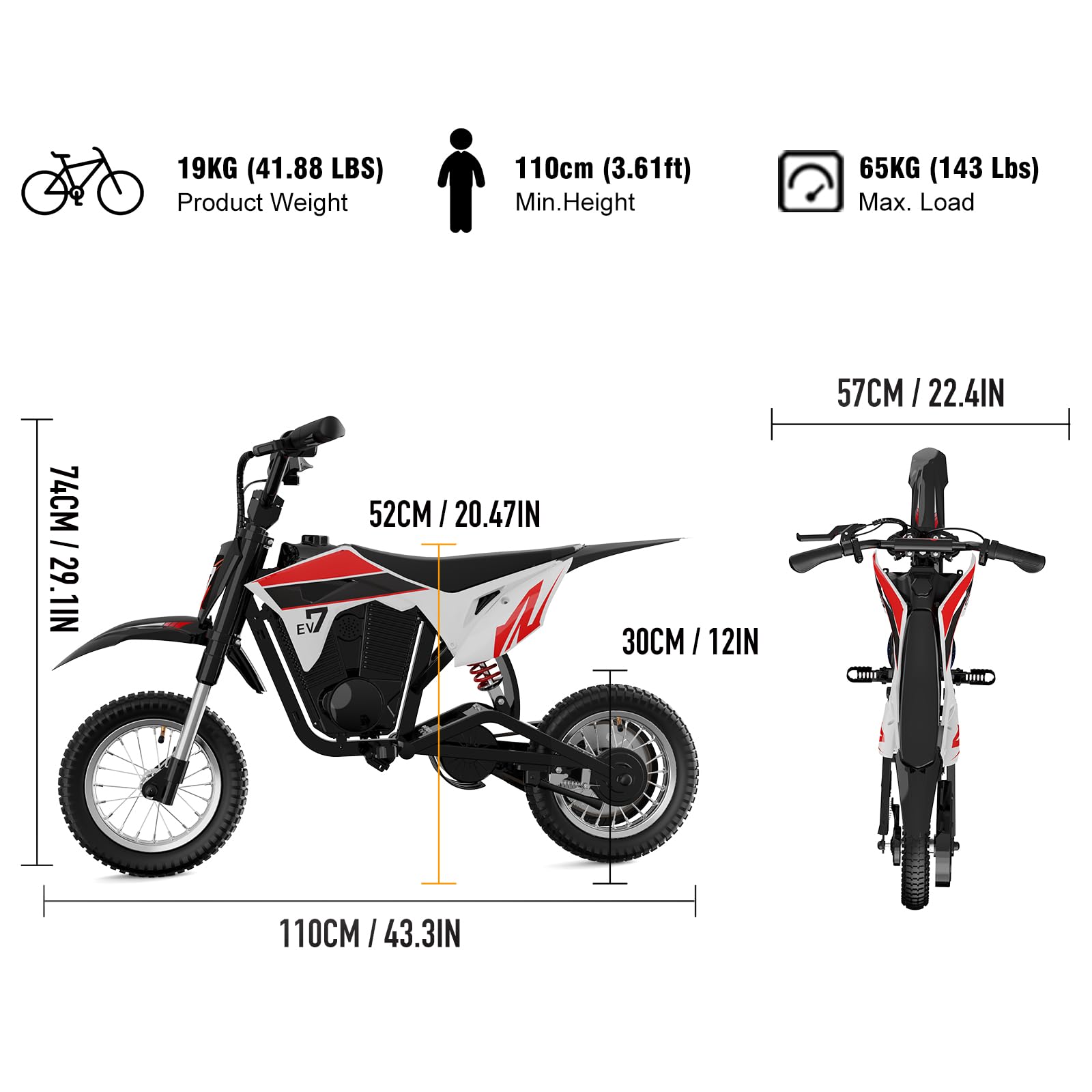 EVERCROSS EV12M PRO Elektro Motorrad Kinder, Elektromotorrad mit 300W Motor, 18KM Lange Reichweite, 12'' Luftreifen, Bluetooth Musik, Bunte Lichter, Moto Cross für Kinder ab 110cm Körpergröße