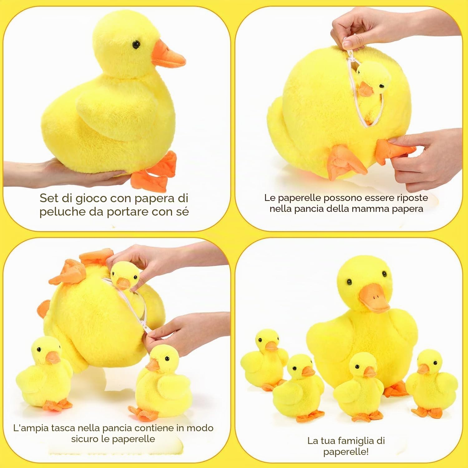 Zomiboo 5 Anatra di Peluche Animale di Anatra Gialla di Peluche con 4 Anatre Piccole Mamma Anatra e Anatroccoli Giocattolo di Anatra Morbida Playset Con Sacchetto Con Cerniera Regalo di Compleanno