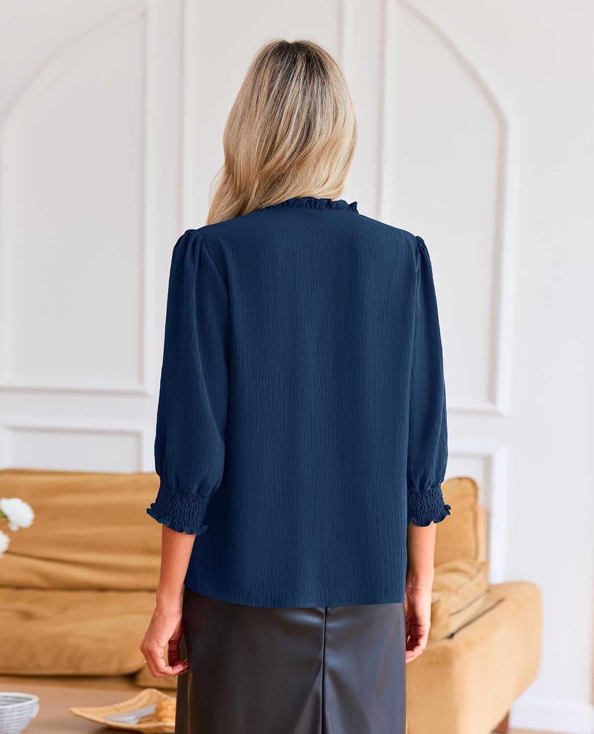 Blouses for Women Dressy Casual 3/4 Length Sleeve Womens Tops 2026 Spring Trendy Cute Smocked Cuffs Sleeve - Image 2