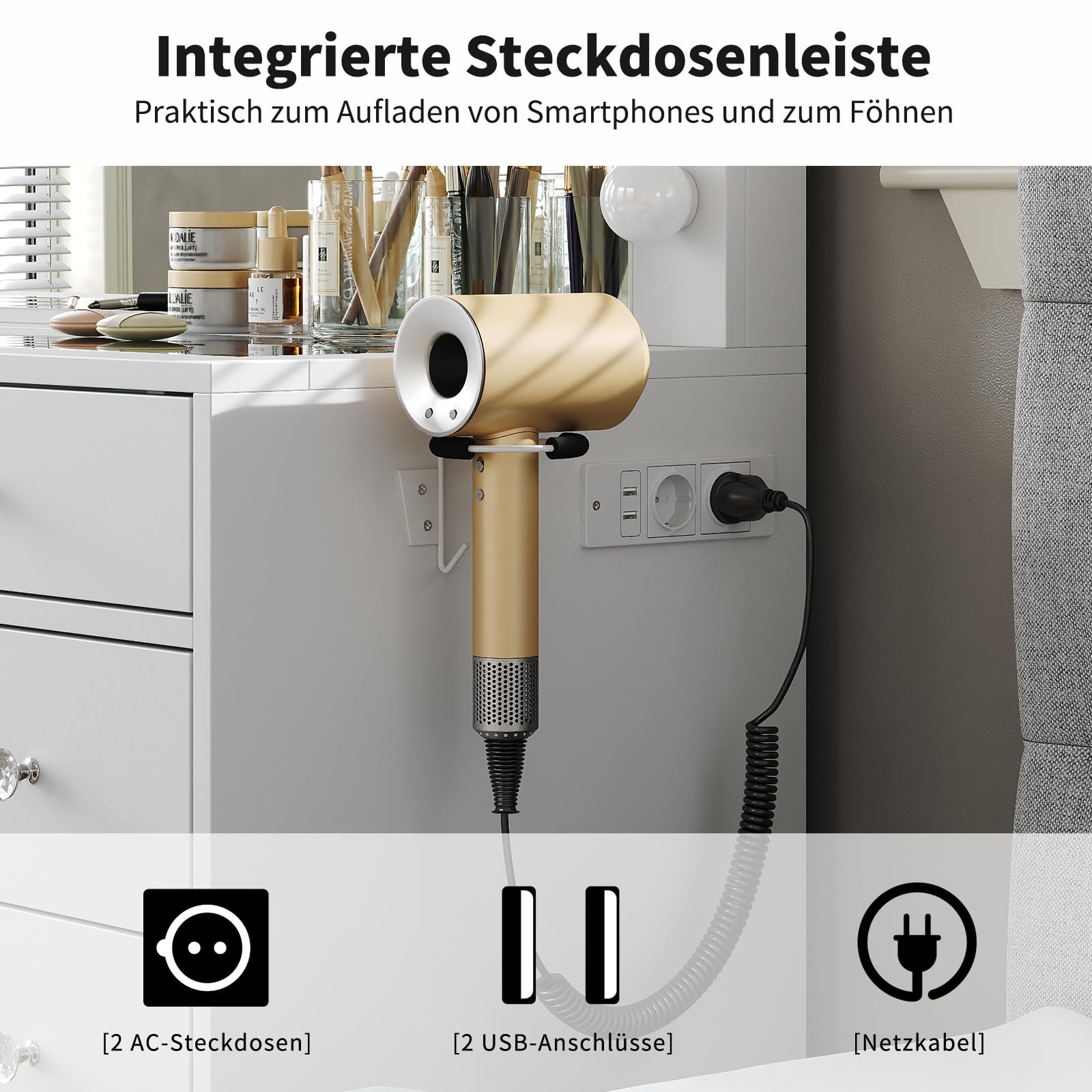 FUSOU Schminktisch mit Beleuchtung und Spiegel, 11 Schubladen, Glasplatte, 12 LED-Lampen, 3 Lichtmodi, Schminktisch mit Hocker & Steckdose, Make-up Tisch für Schlafzimmer & Ankleidezimmer