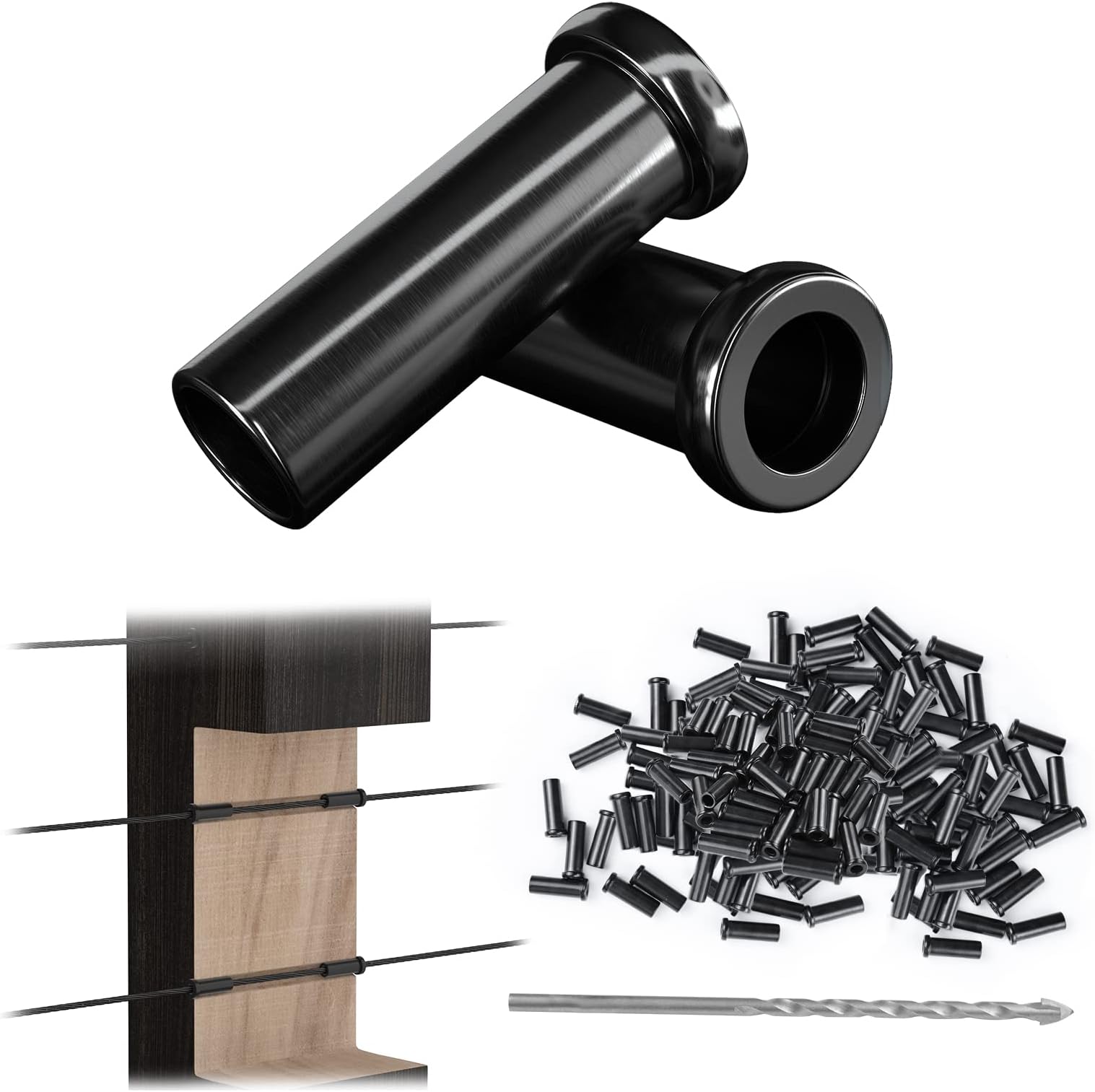 100 Pack 1/8" Black Cable Railing Protector Sleeves T316 Stainless Steel Protective Sleeves Deck Cable Railing Hardware Kit for Wood Posts CR13