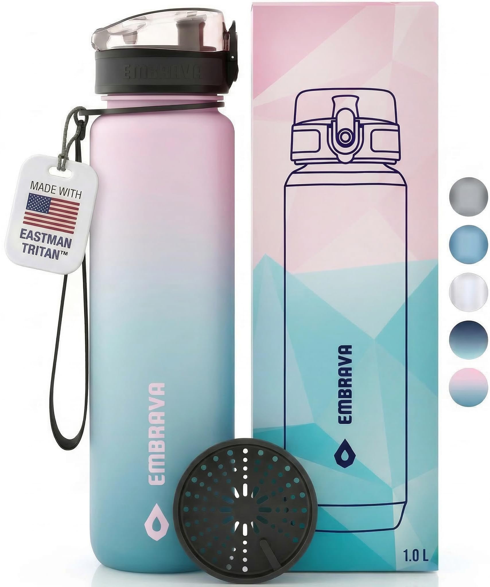 Embrava Sports Water Bottle 32oz - Fast Flow Flip Top Lid - BPA & BPS Free Leakproof Reusable - Lightweight Non-Toxic Tritan Plastic 1 Liter - Gym Hiking Office School Travel