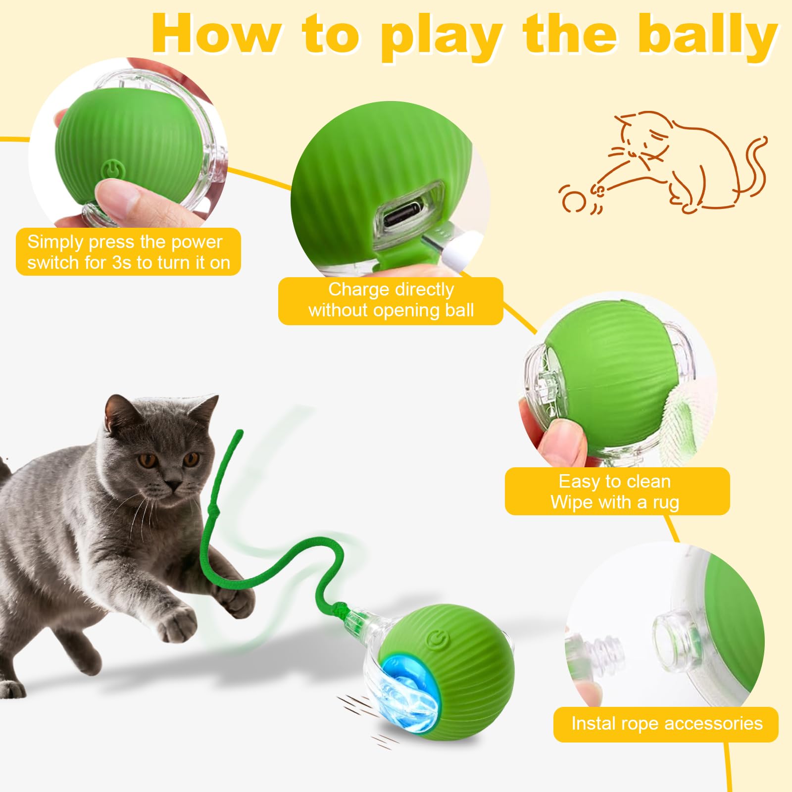 Paquete de 2 pelotas interactivas para gatos, rotación automática de 360°, evita obstáculos inteligentes, incluye 4 resortes en espiral para gatos y 1 ratón de juguete peludo, juguete ideal para gatos