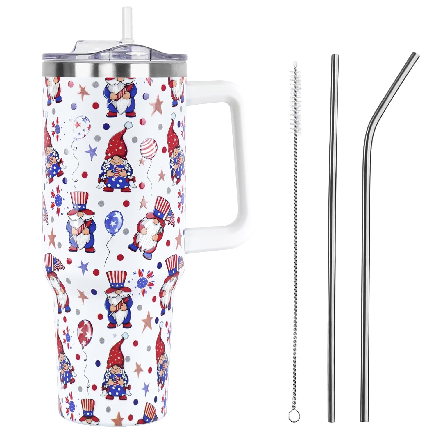 Yiyhuxf 4th July Gnomes Tumbler with Handle and Straw Lid 40 oz,Cute Summer Patriotic Gift for Women Men Patriotic Gnomes Vacuum Insulated Leak Proof