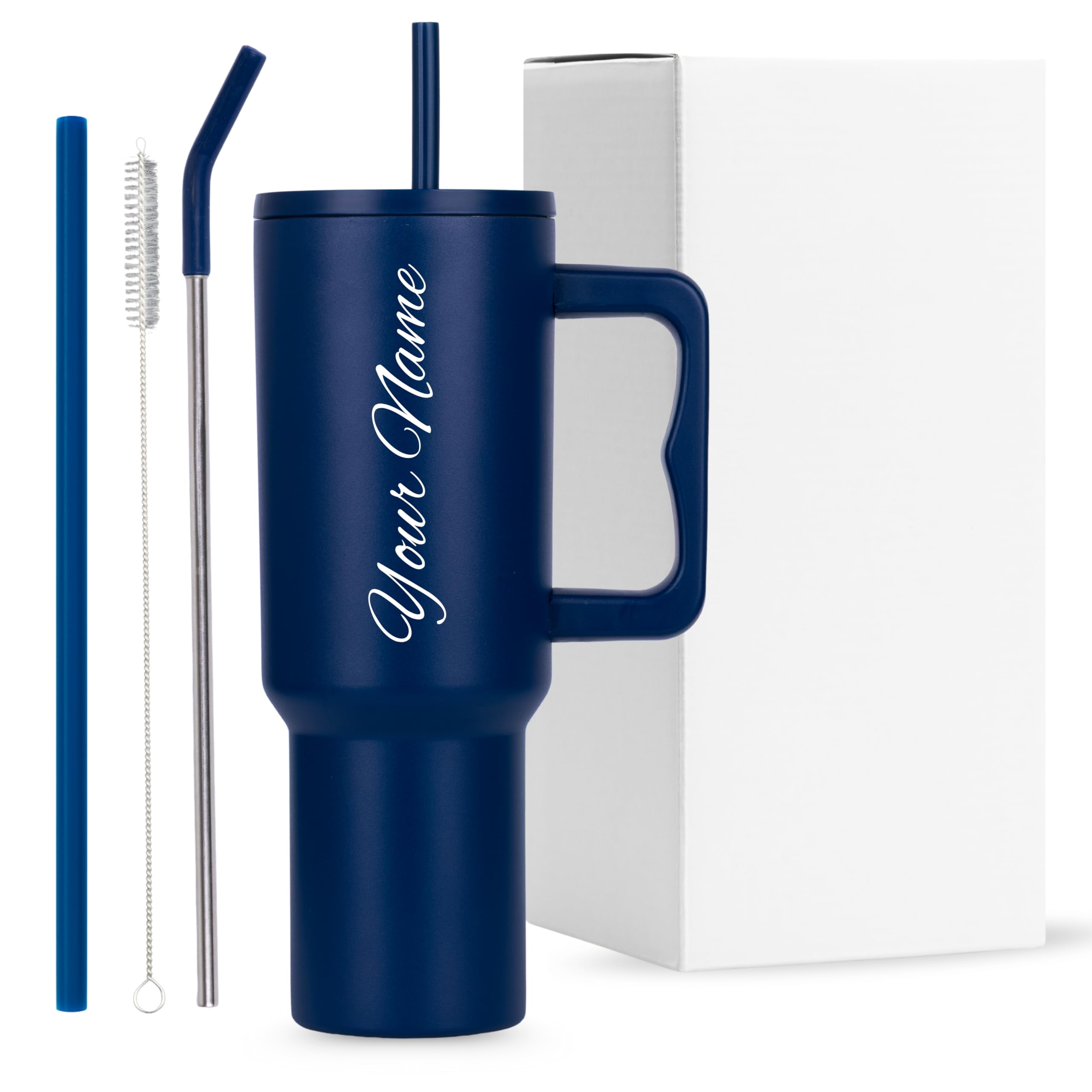 PEIPUS Personalised with Your Name, 1200ml Tumbler with Straw-Handle–Stainless Steel Double Wall Insulated Cup | Leakproof Sipper Mug for Hot-Cold Drinks |Coffee - WaterTumbler(Navy Blue)