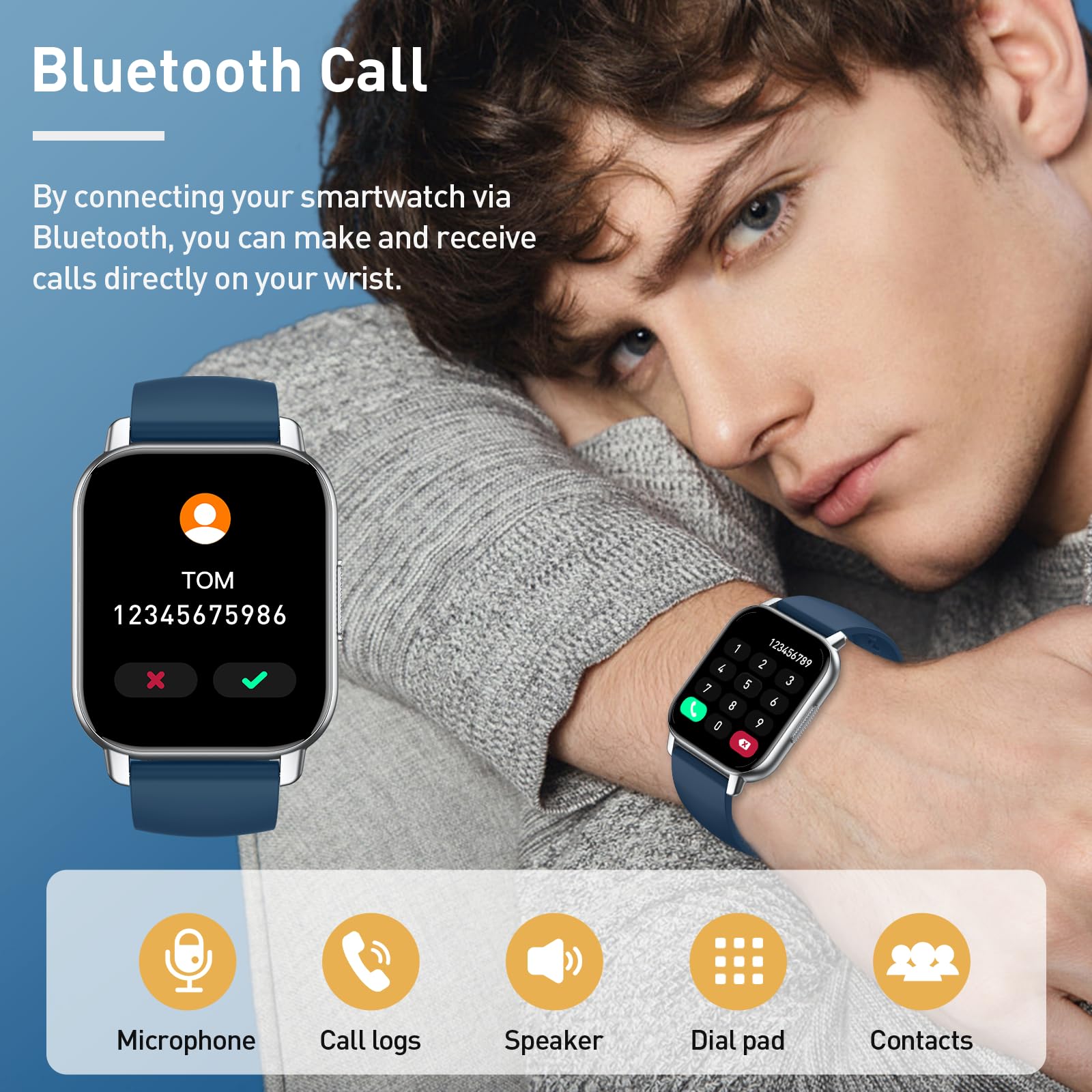 Smartwatch Uomo Donna con Effettua o Risposta Chiamate, 1.85" Orologio Smartwatch Contapassi/Cardiofrequenzimetro/Sonno, 110+ Modalità Sportivo Fitness Tracker, IP68 Smart Watch Android iOS, Blu