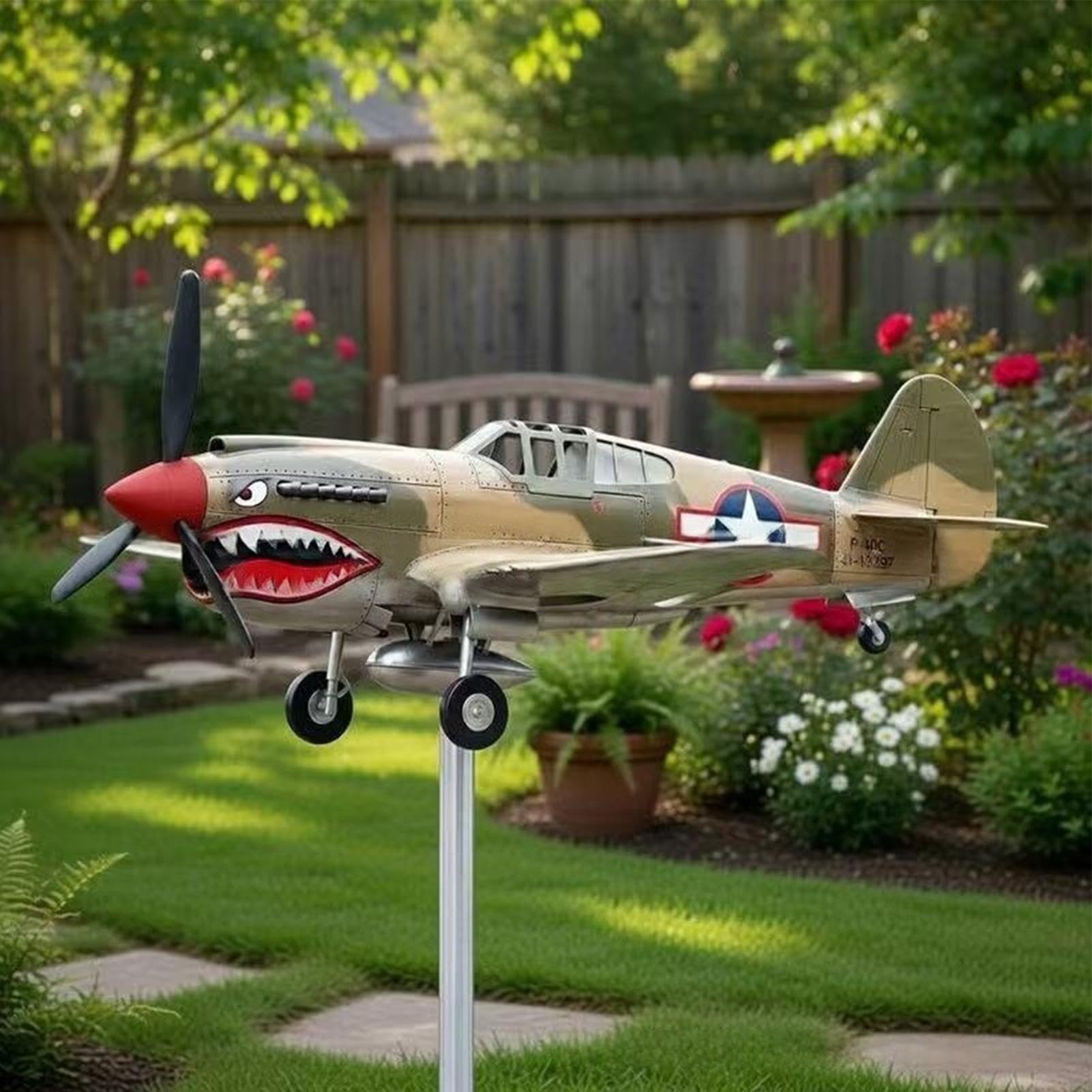 Shark Mouth Warplane Wind Spinner, Metal Airplane Wind Spinner, Rotating Airplane Windmill Sculpture Winds Spinners for Yard Garden, Shark Mouth Weather Vane Propeller Windmills Outdoor Patio Decor