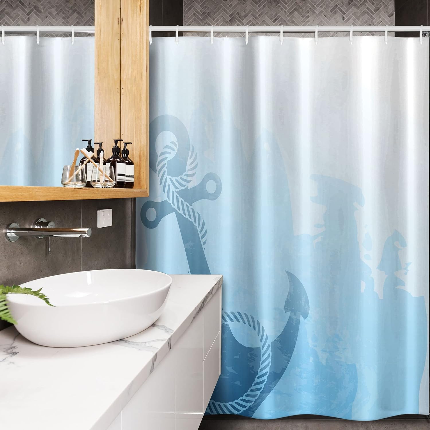 Ambesonne Nautical Stall Shower Curtain, Monochrome Anchor Illustration Deep Down in The Sea Bottom Be Strong and Stable, Fabric Bathroom Decor Set with Hooks, 54" W x 78" L, Pale Blue