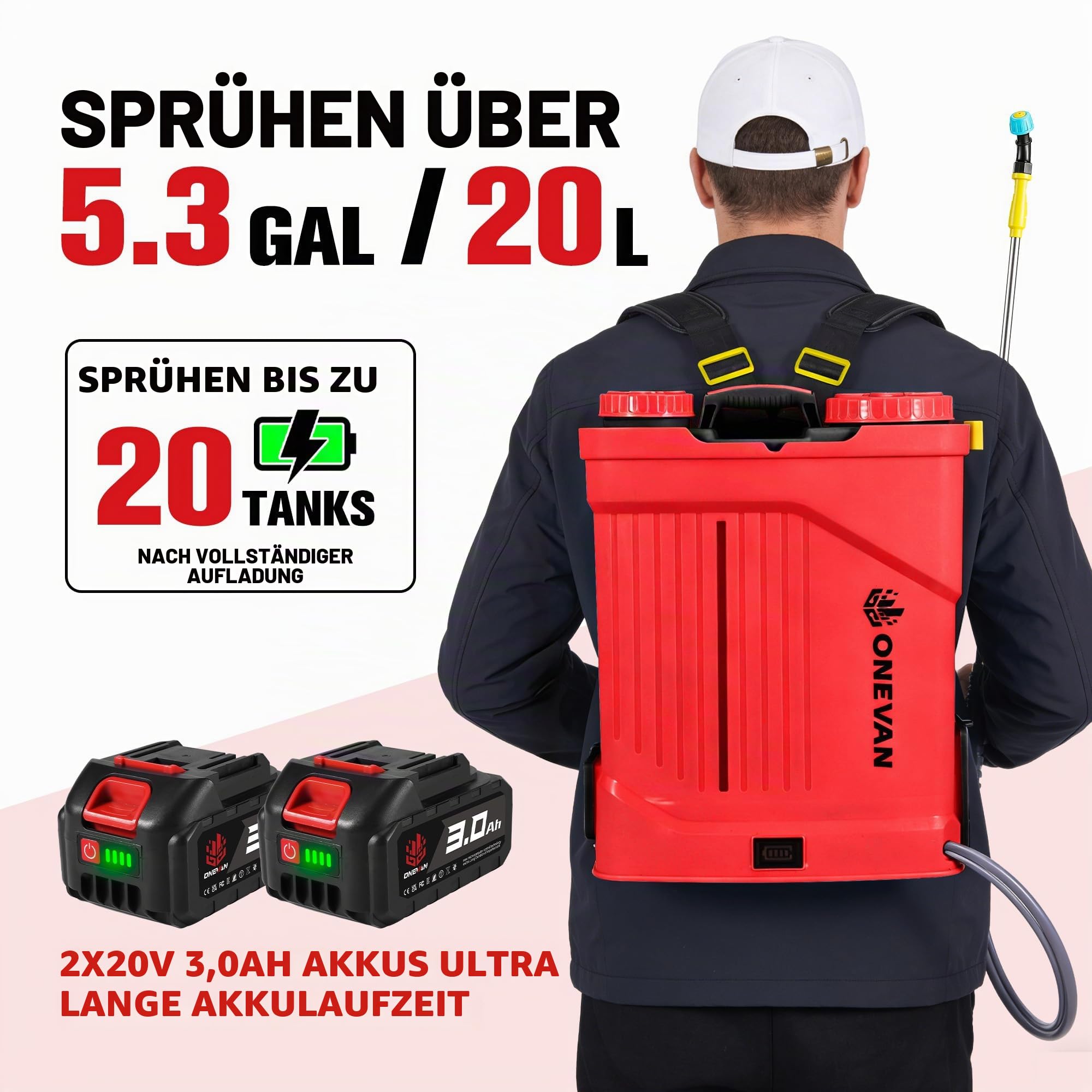 ONEVAN Akku Drucksprüher 20L Rührfunktion mit 2x3,0Ah Akkus & 5 Düsen | 100 PSI Druckregelung, 41" ausziehbare Teleskopstange, Für 20 Tanks, Garten, Integriertes Rührsystem für optimale Mischung