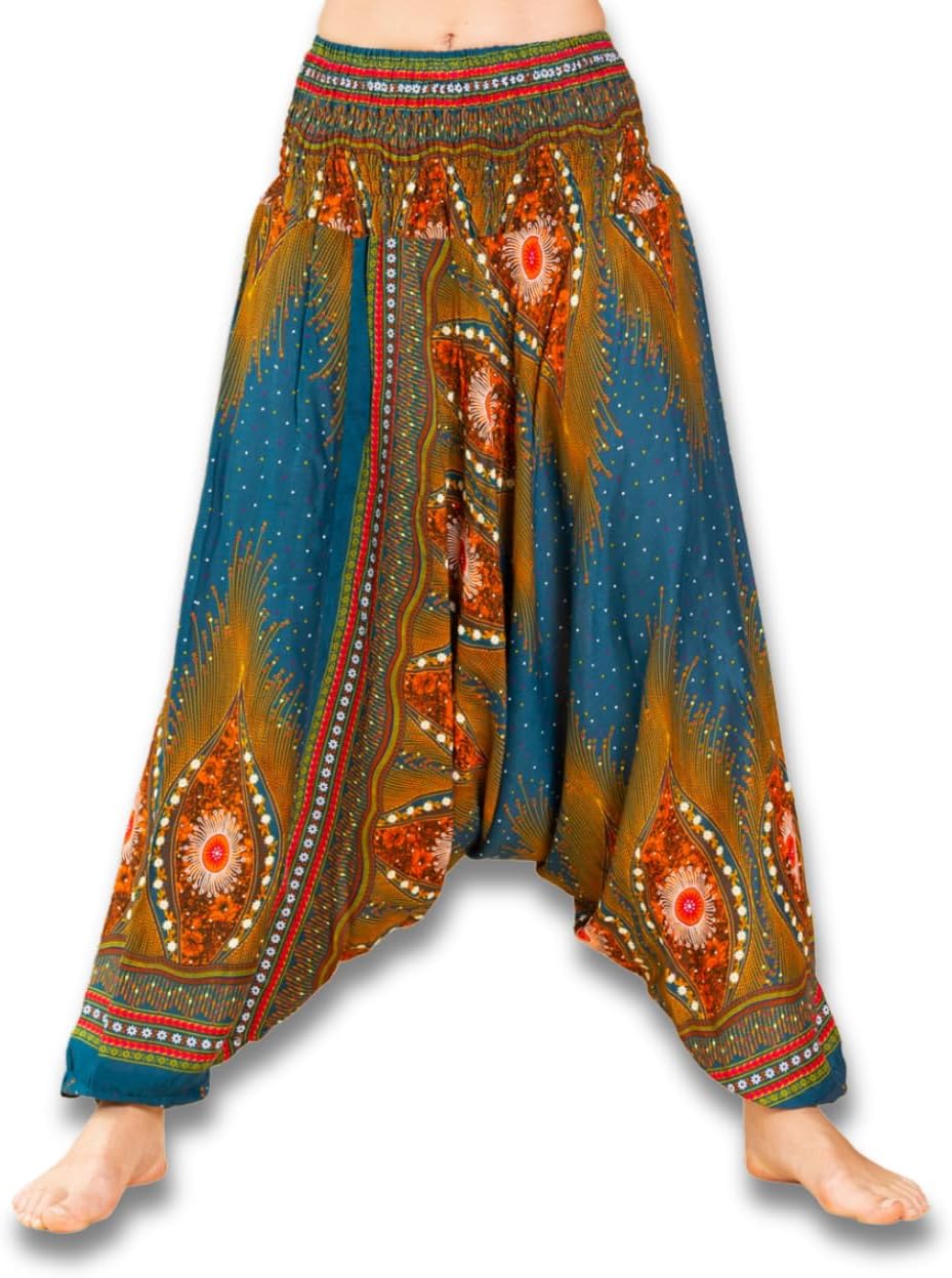 PANASIAM Harem Pants Peacock Style, Sarouel Décoré De Motif Plume De