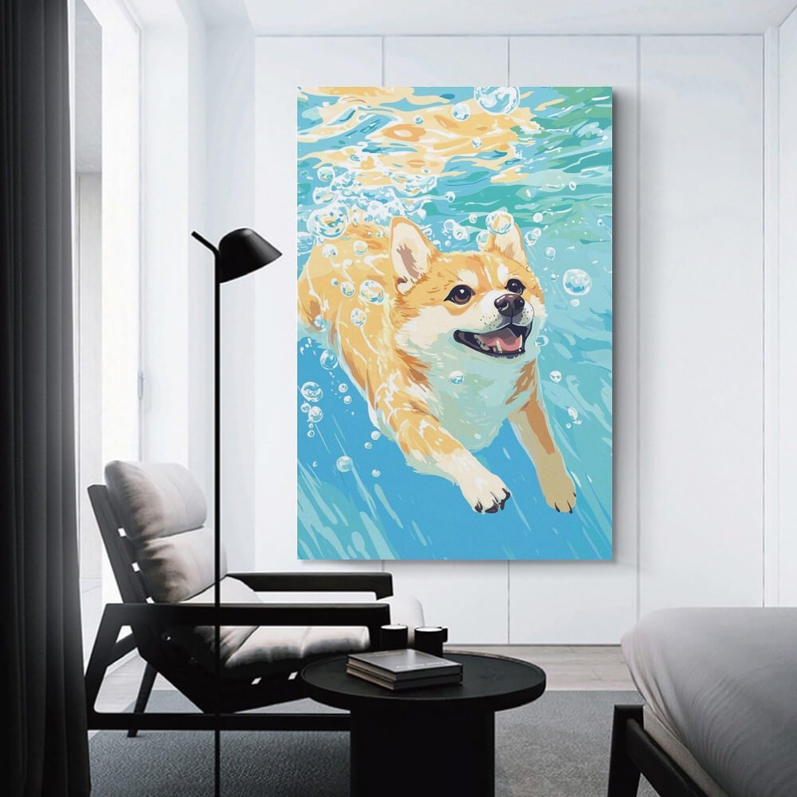 Junmoney Unframe-Style-14 Decorative Wall Artwork Corgi Swimming Underwater With Bubbles, 24X36inch(60X90cm), For Contemporary Homes, Apartments Or Offices, An Easy Choice For New Home Styling