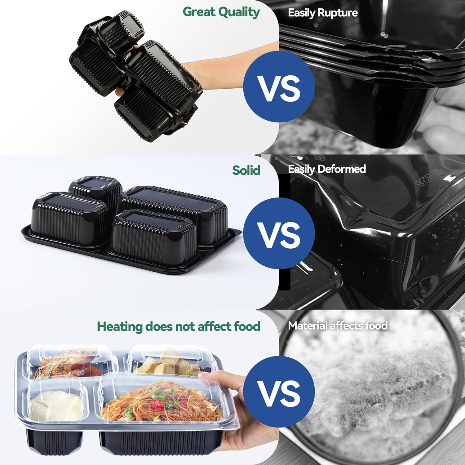 To Go Containers 34 oz 40 Pack - Shrink Wrap 4 Compartment BPA Free PP Plastic Reusable Leakproof | Microwave & Freezer & dishwasher Safe Meal Prep | Black Commercial Catering Food Container