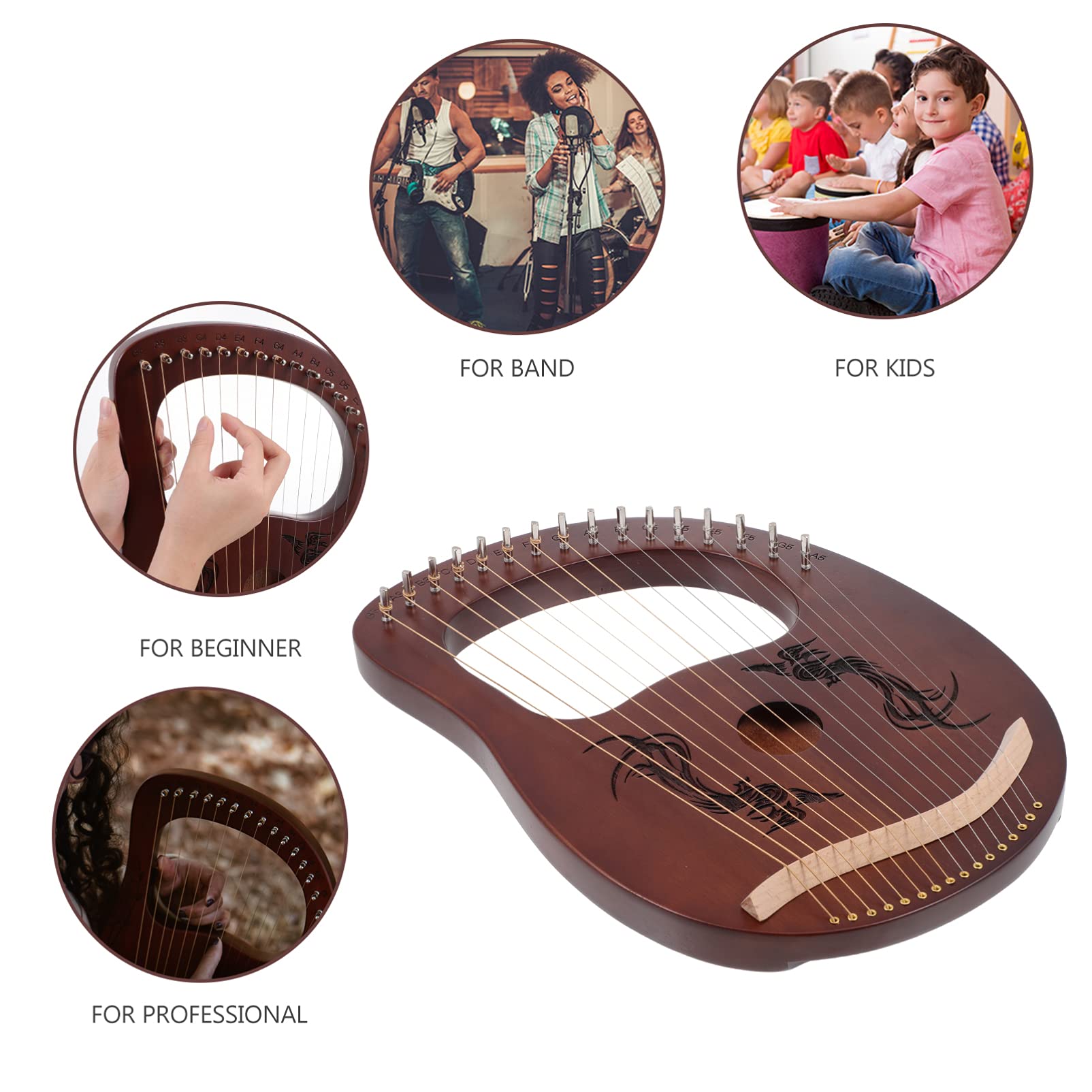 Lira madera para piano, arpa madera caoba, 16 cuerdas metal, arpa lira para niños, adultos y aficionados a música. Piano infantil.