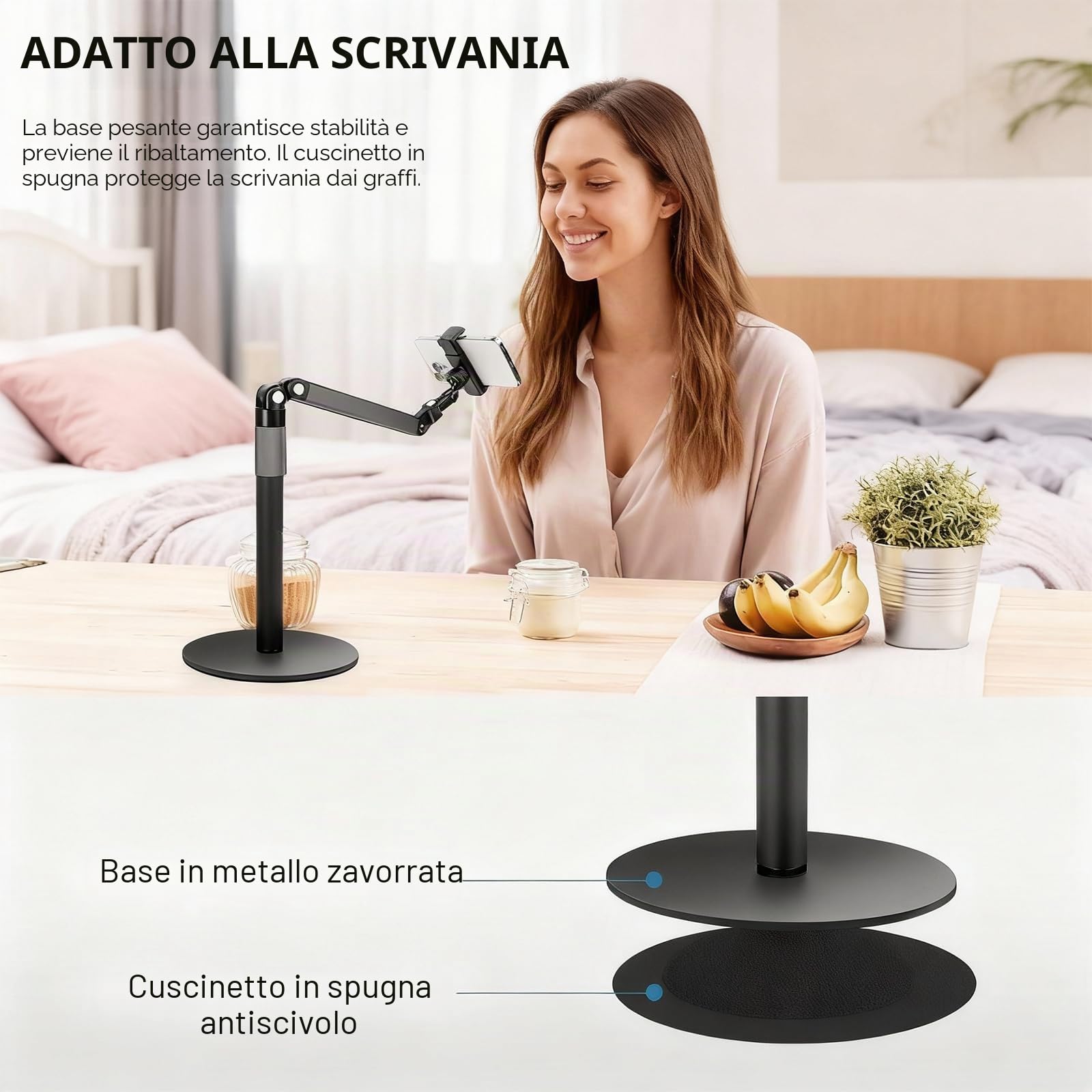 Supporto per Smartphone da Scrivania, Supporto per Cellulare da Tavolo Réglable a 360°, Supporto Telefono in Metallo per Live e Video, Videoconferenza