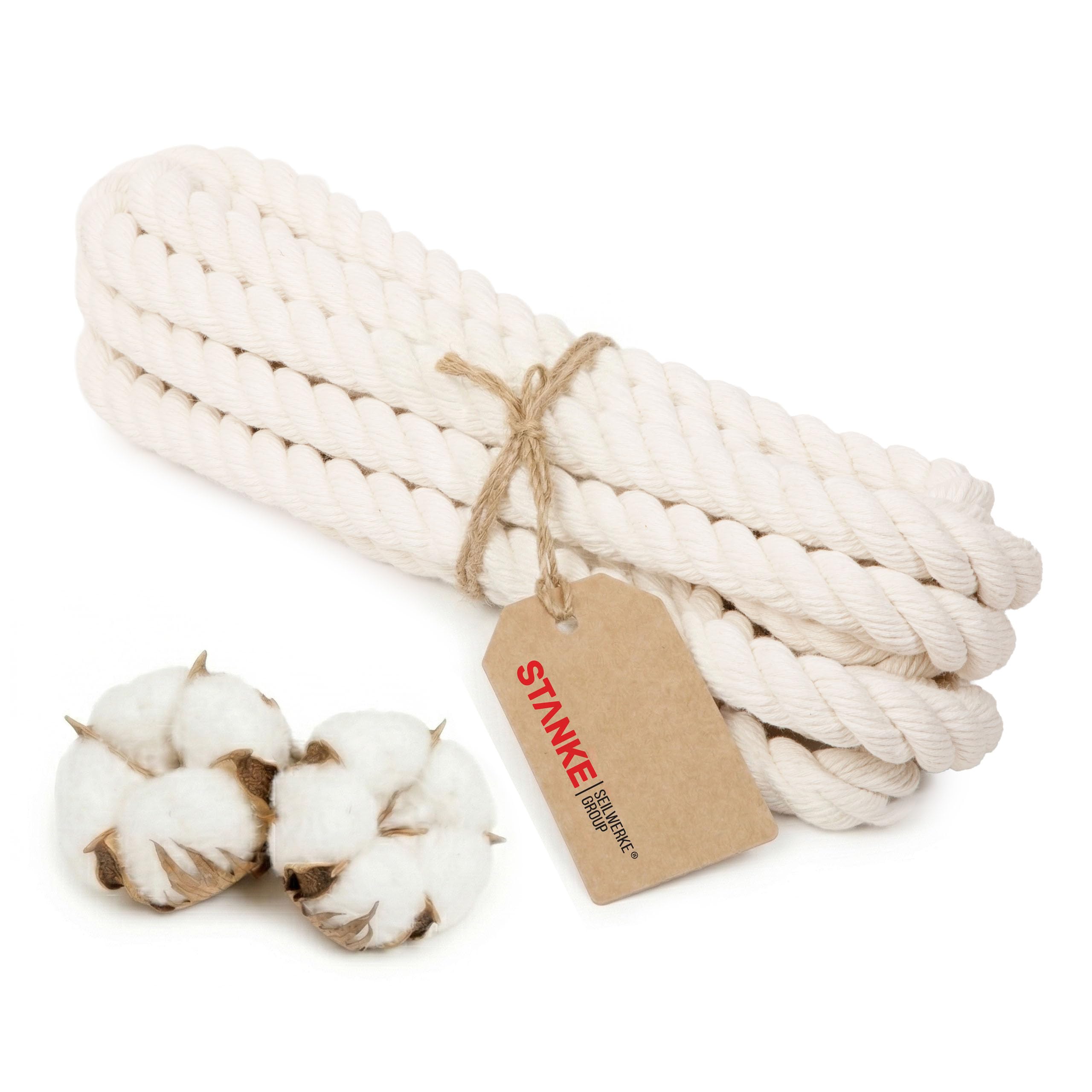 Seilwerk STANKE Corda cotone 12mm x 15m, intrecciata con 3 fili - Corda decorativa per tende, piante - resistente, può essere tagliata, tinta, assorbente, facile da legare, 100% cotone naturale