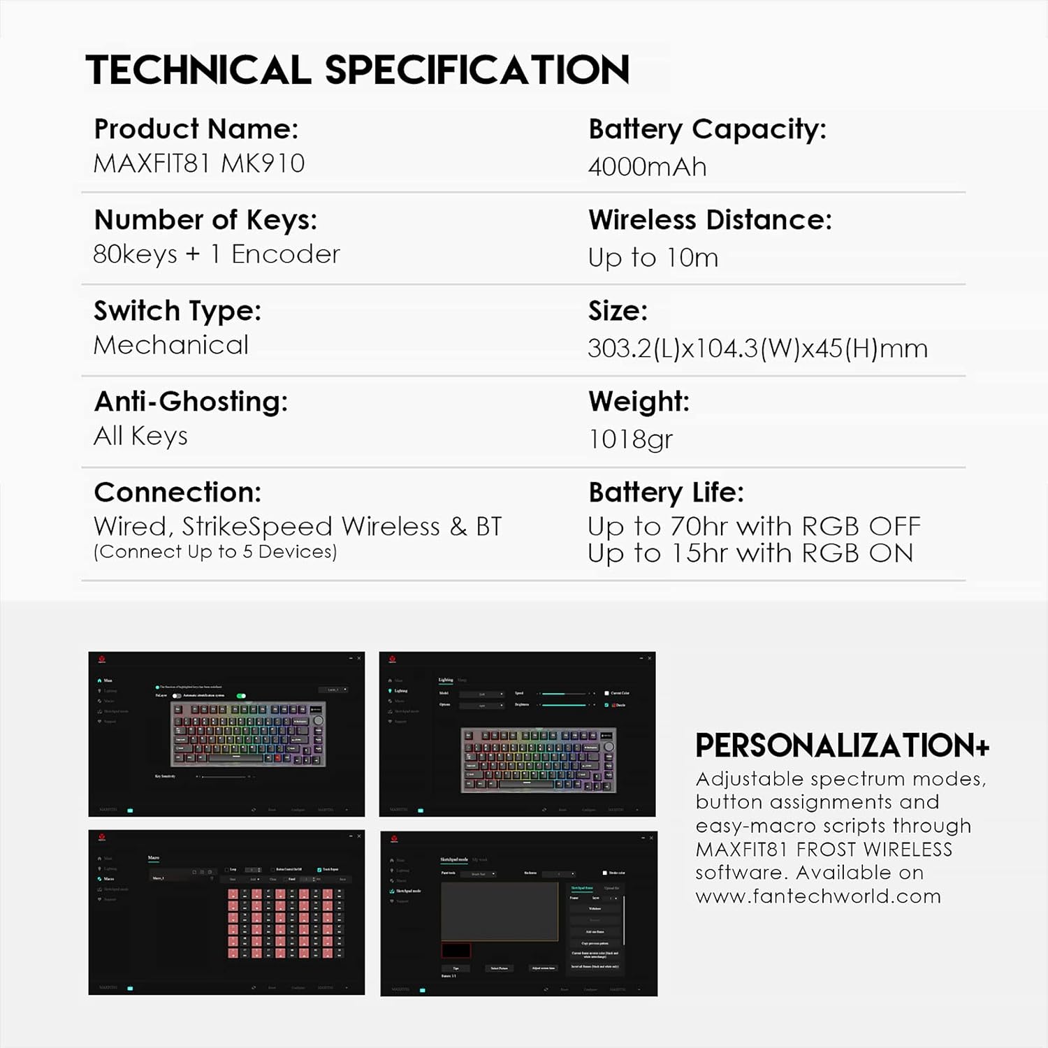 Technical specifications table and personalization software interface for Fantech MAXFIT81