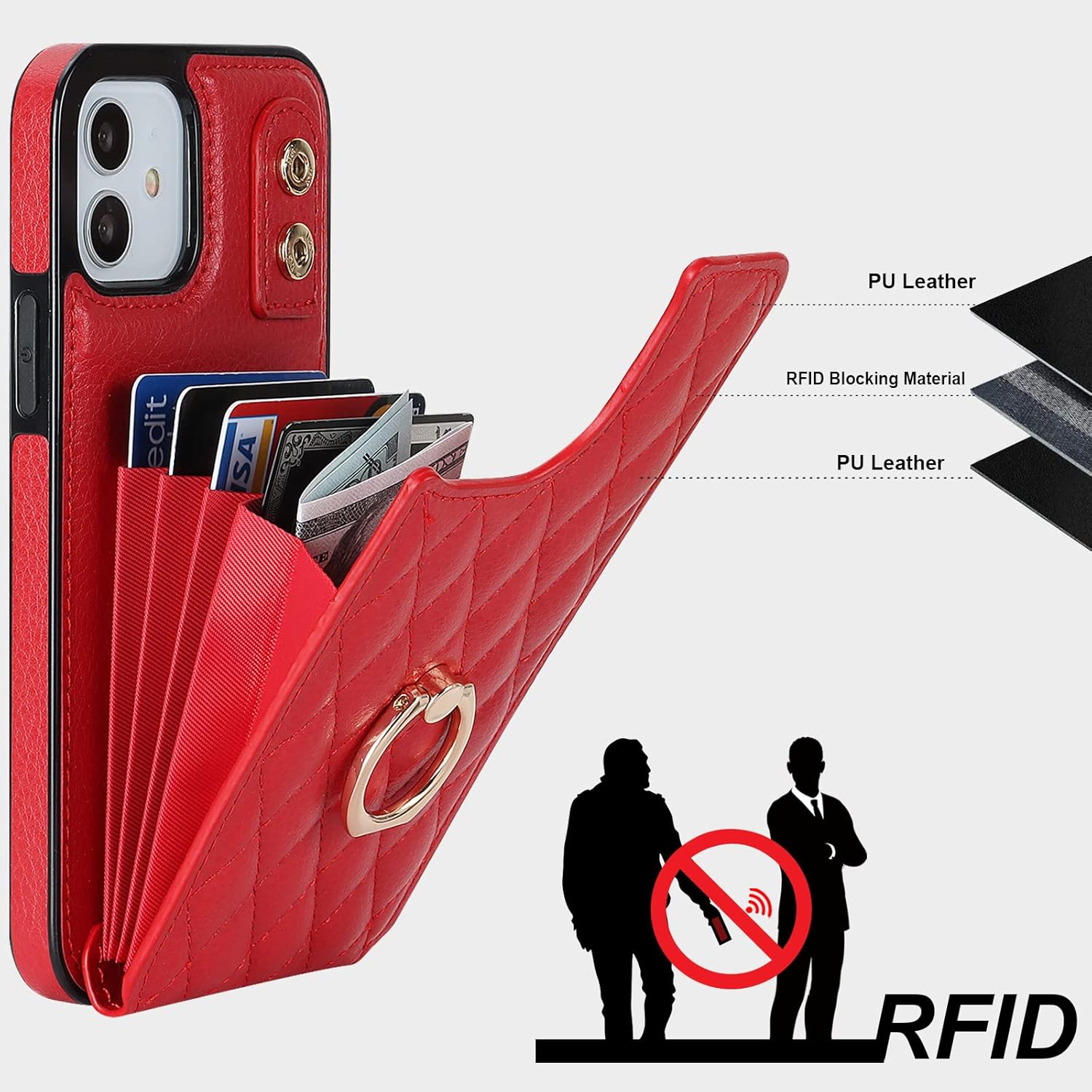 Folosu Compatible with iPhone 12 iPhone 12 Pro Case Wallet with Card Holder, 360°Rotation Finger Ring Holder Kickstand RFID Blocking PU Leather Double Buttons Flip Cover 6.1 Inch Red