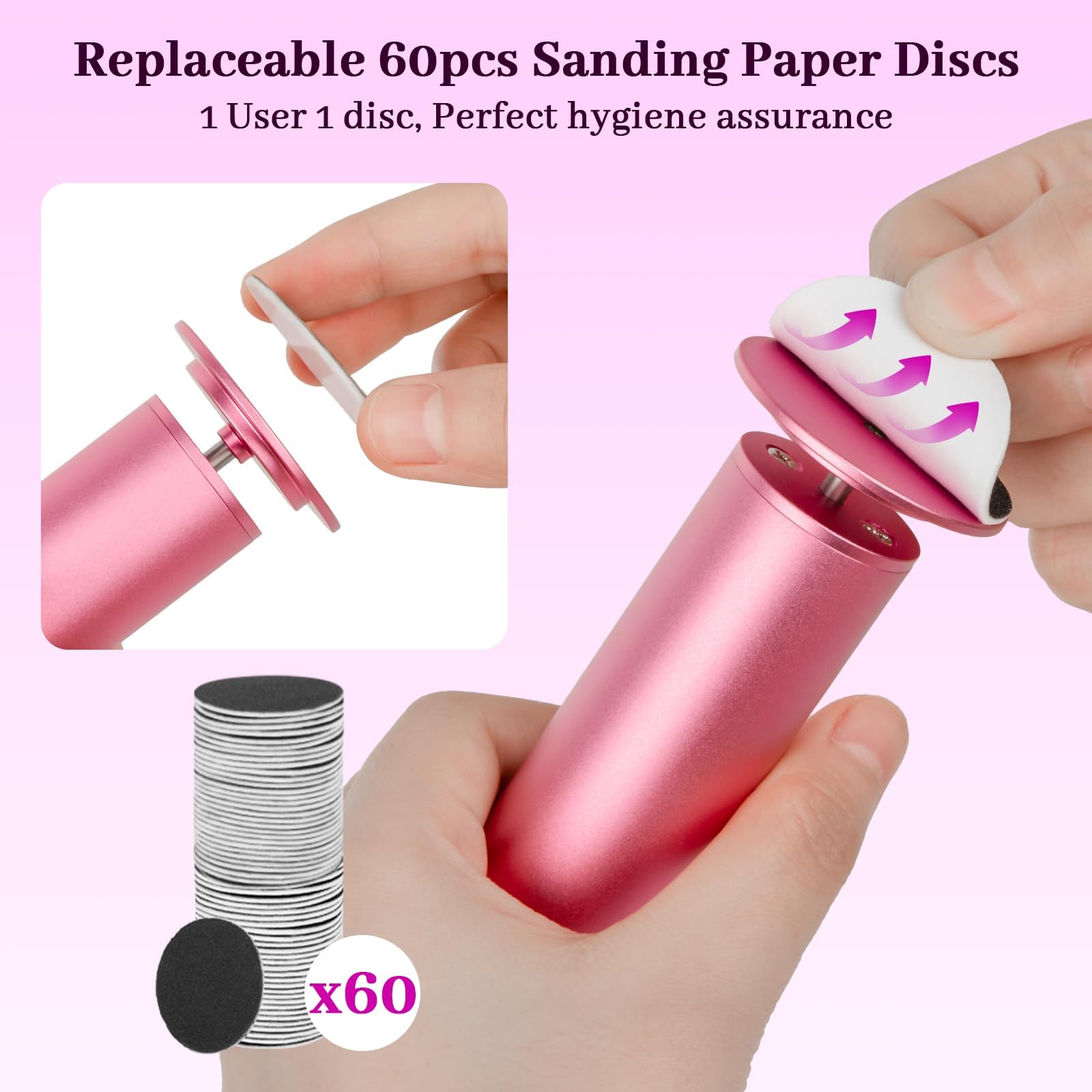 Ponceuse Pieds Electrique – Râpe Électrique Pieds sans Pile avec Vitesse Réglable, 60 Disques Abrasifs & Brosse – Pour Callosités, Talons Secs et Peau Morte (Rose pâle)