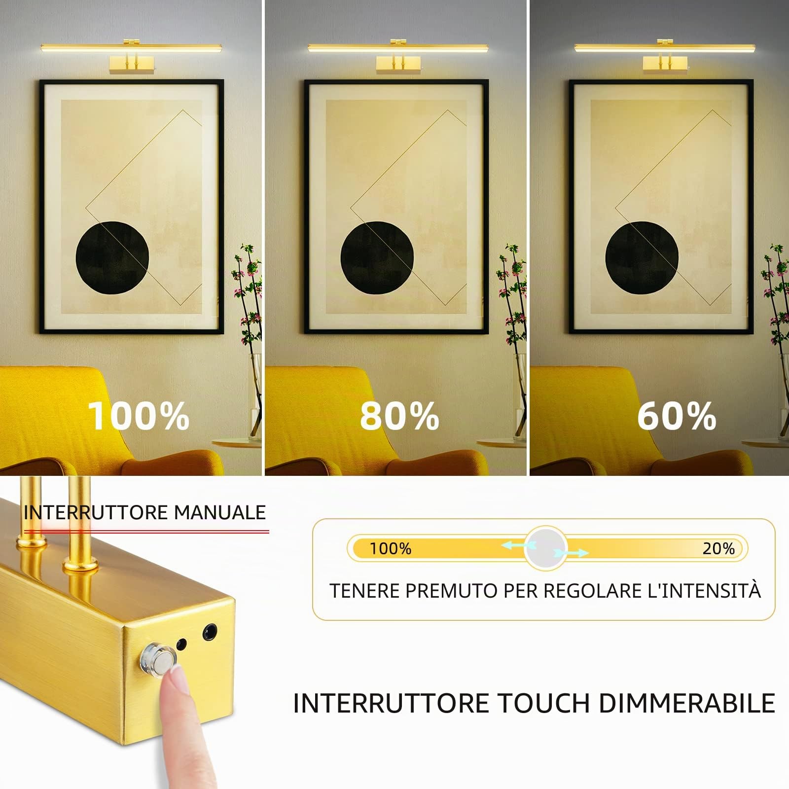 FUNCHDAY Luce per quadri, 5000 mAh, a batteria, per parete, luce per pittura a distanza, senza fili, con timer e dimmerabile, luce artistica in metallo da 40,6 cm, per esposizione, parete, opere