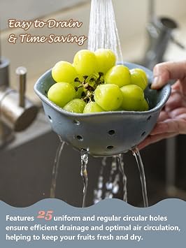 Gomakren Ceramic Berry Basket, 6in Floral Fruit Bowl with Holes, Slate Blue