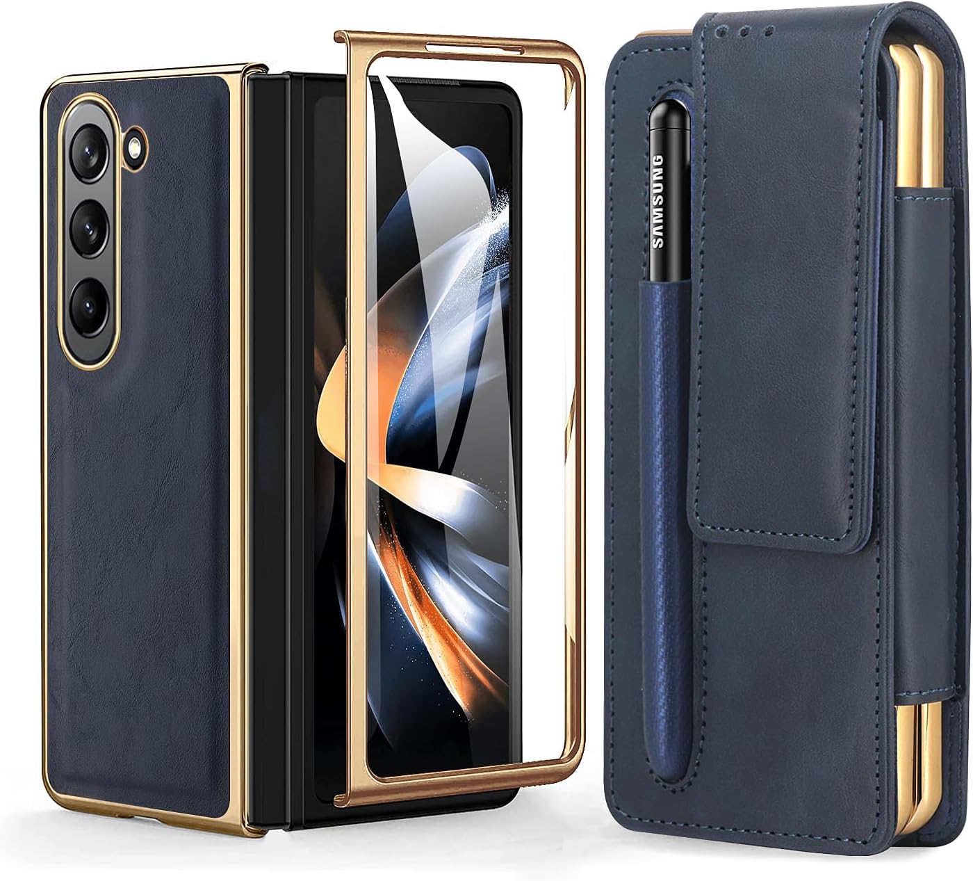 SHIEID Z Fold 5 Case Leather Retro Business Style Galaxy Z Fold 5 Case, Slim Belt-Clip Holster Compatible with Samsung Galaxy Z Fold 5, Blue