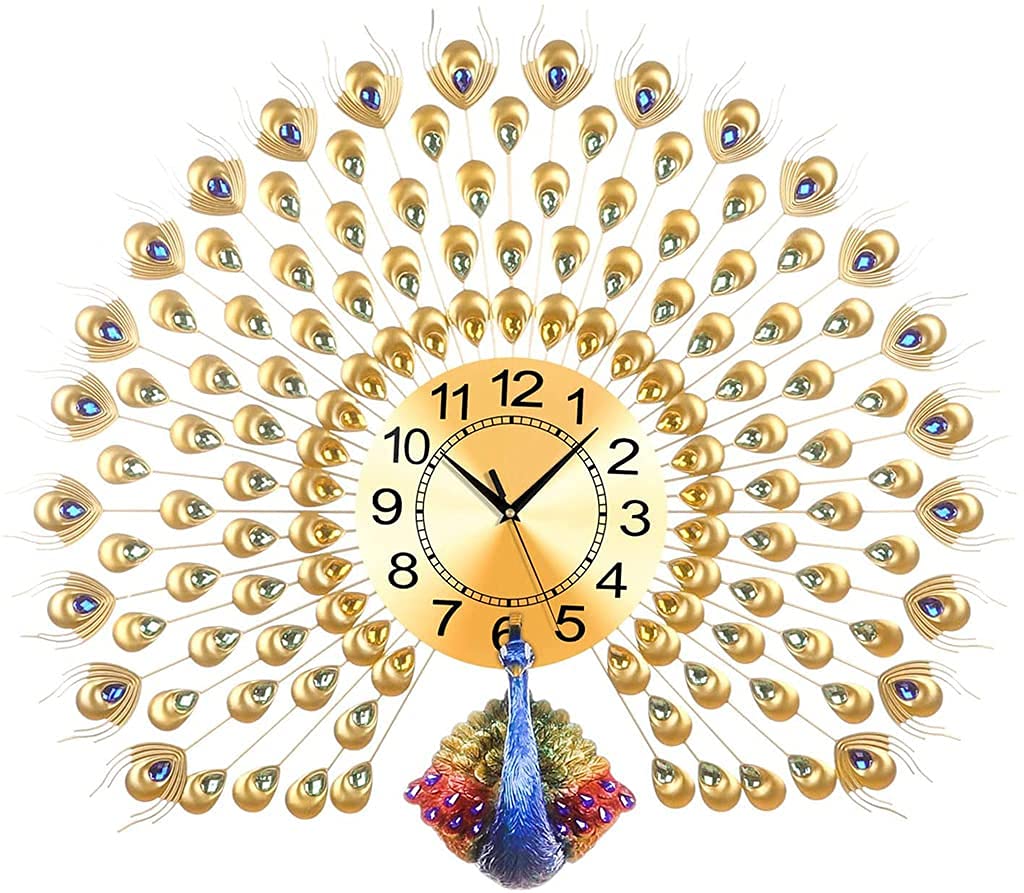 Grande horloge murale paon en strass pour salon et chambre