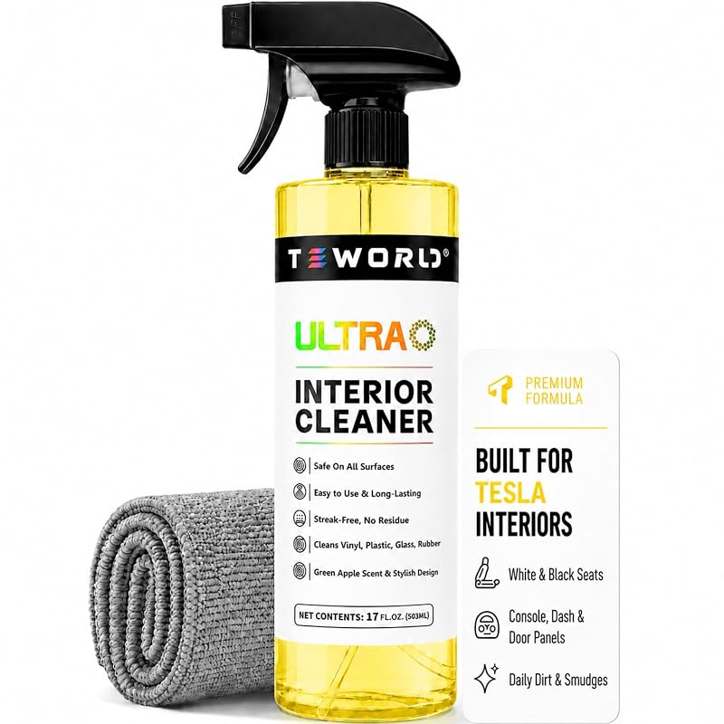 Limpador de Estofados e Removedor de Manchas para Interior Tesla com Toalha, Couro Vegano Branco e Preto, Aroma de Maçã, UIC-02, 503 mL