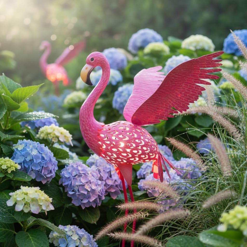 43" Metal Flamingo Garden Sculptures with Solar Light, Pink Flamingo Yard Art - Large Outdoor Lawn Ornaments & Decor for Patio, Backyard, Garden