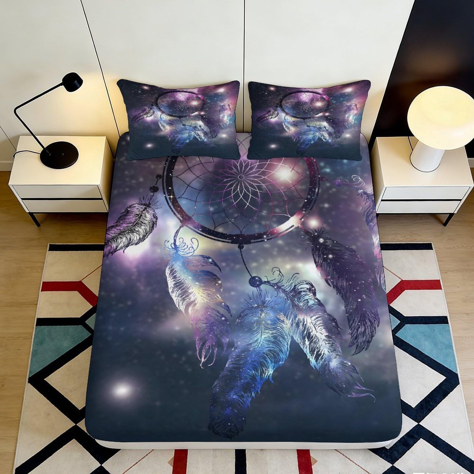 3D Printed Galaxy Starry Sky Fitted Sheet Microfiber Soft Anti-Slip Dreamcatcher Bed Cover for Bedroom Dorm Mattress Decor 90x200x25cm