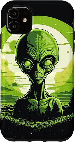 Vista 7 de iPhone 14 Pro Cute Green Alien Head UFO Space Face Alien Case
