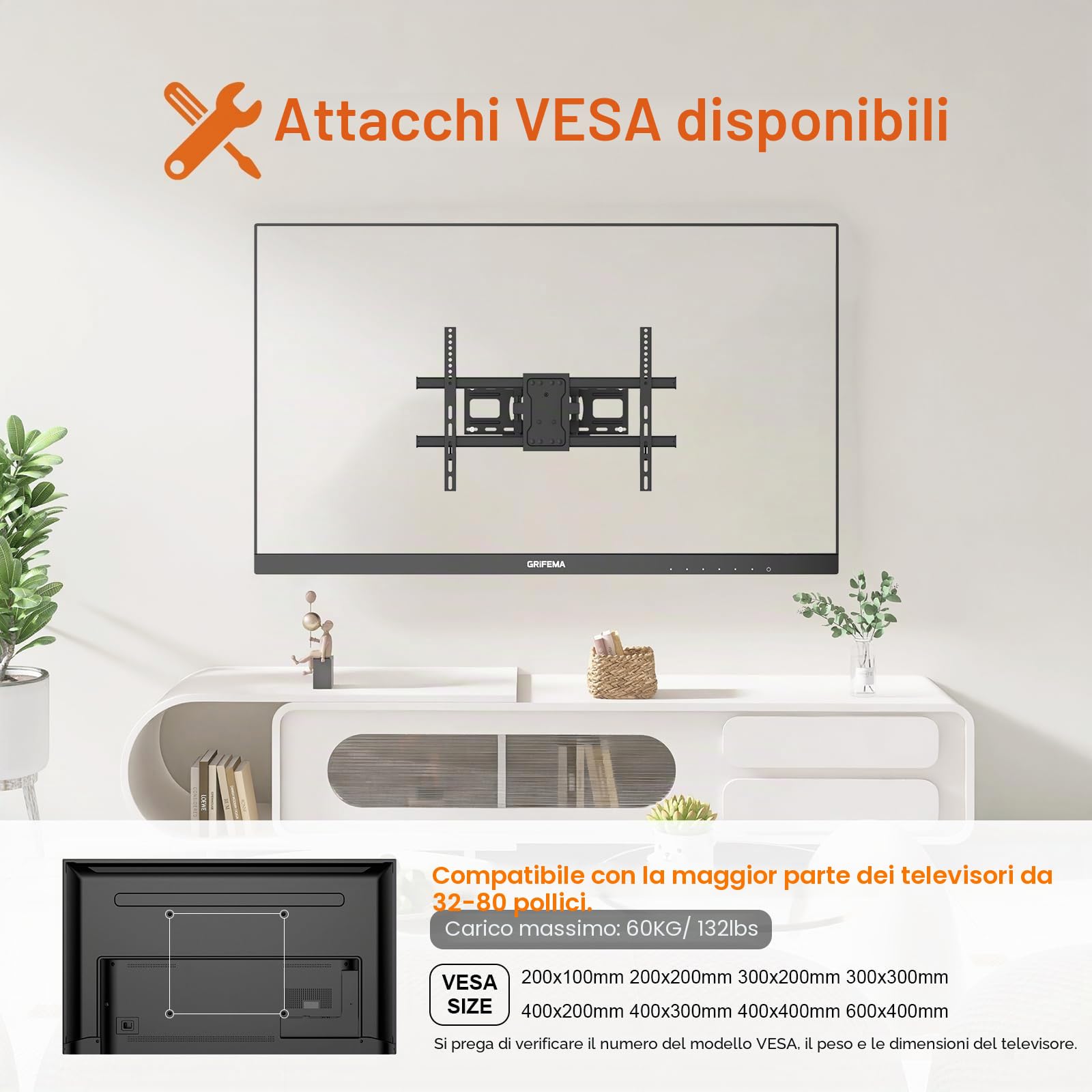 GRIFEMA Supporto da parete per TV da 32 a 80 pollici | Per TV piatti e curvi, fino a 60 kg, orientabile, inclinabile, max VESA 600x400mm