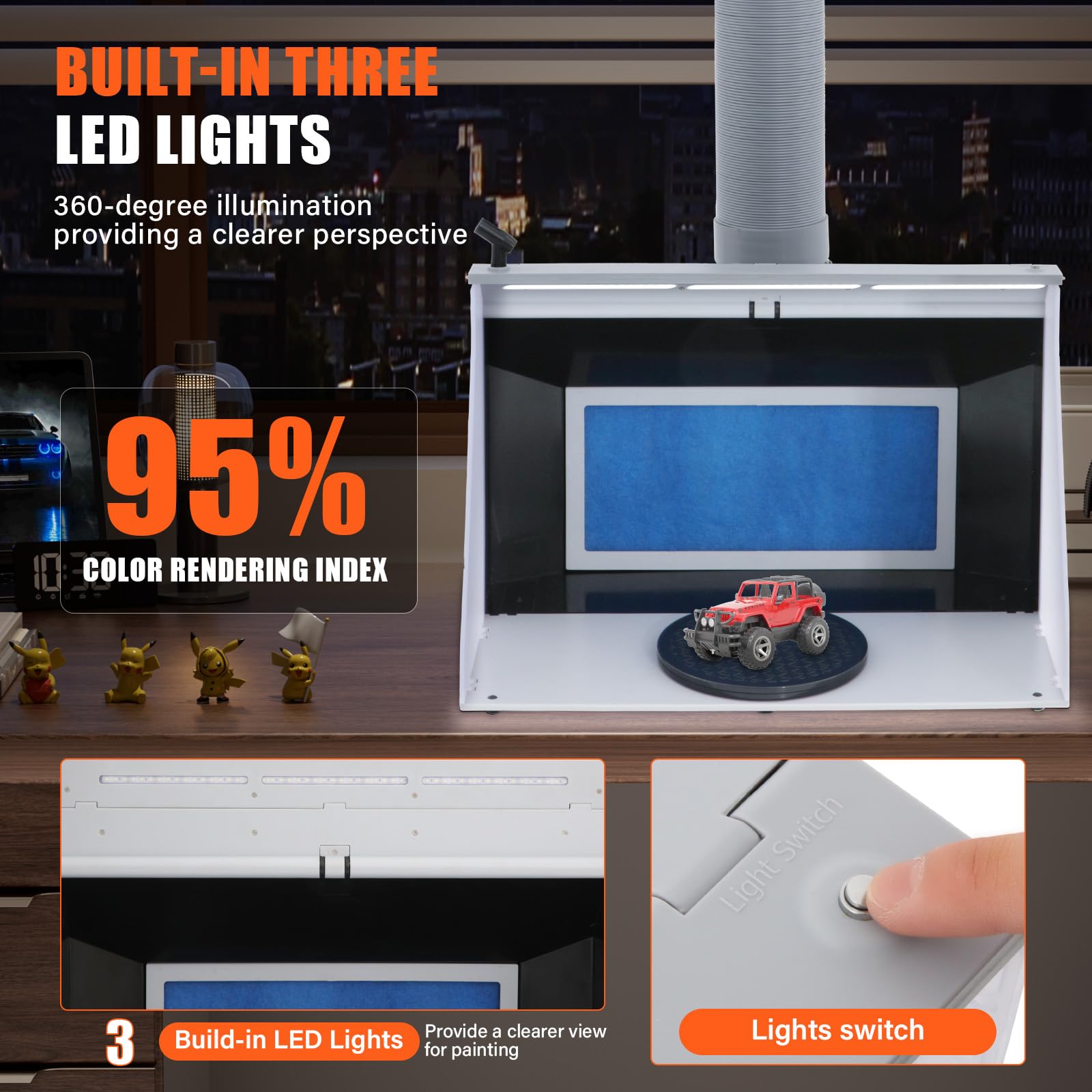 VELPAX Cabina de Pintura para Aerógrafo 9m³/min Velocidad Ajustable con Doble Ventilador, 4 Luces LED, Manguera Telescópica, Ideal para Pintura Decorativa, Manualidades y Decoración de Pasteles