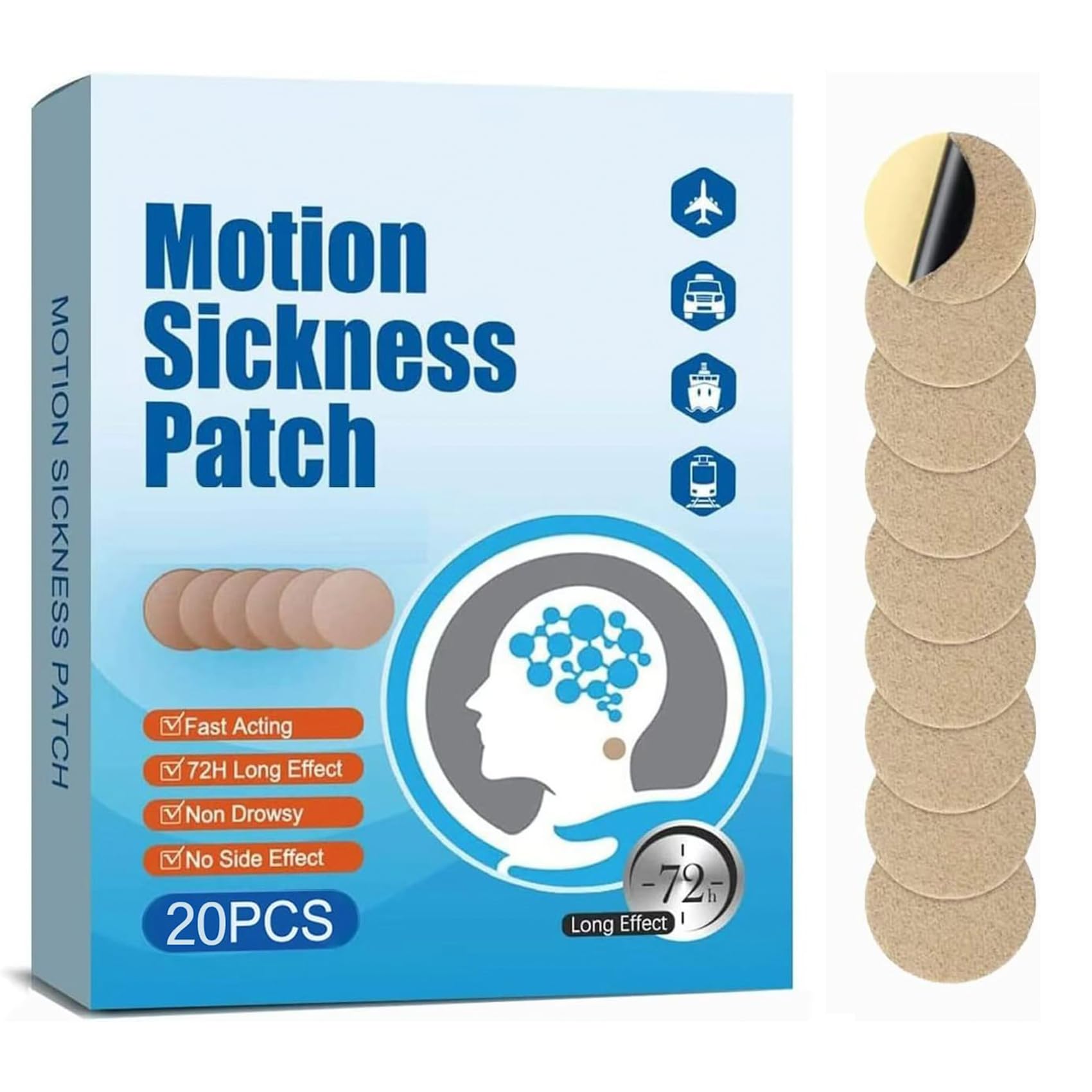 - (2026 New) Motion Sickness Patches Non-Drowsy, 100% Natural Motion Sickness Patch(Efficient– Lasts 72 Hours)-for Car Airplane Ship Altitude Sickness(Travel Essentials)-for Adults and Kids(20 Count)