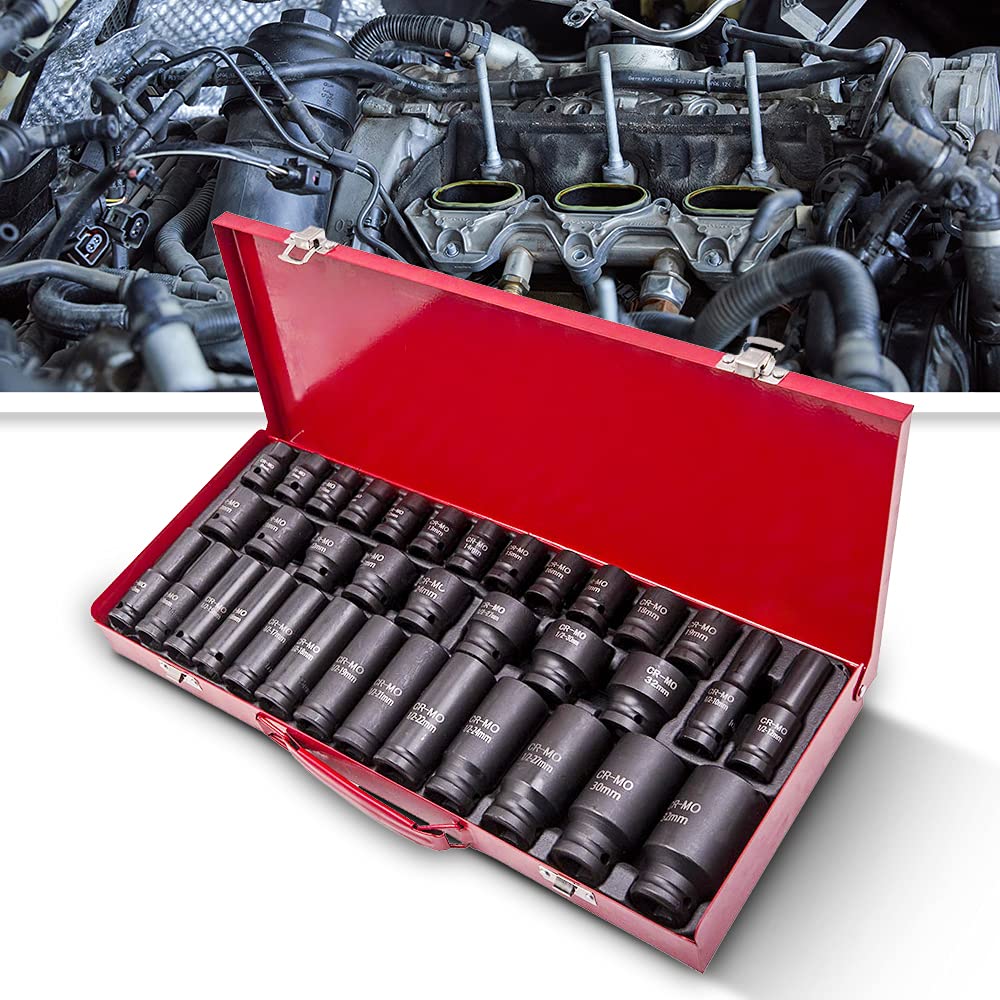 Zestaw 35 wykrętaków do nakrętek, nasadka udarowa do nakrętek 1/2", zestaw 6 standardowych nasadek udarowych Cr-Mo, metrycznych (8 mm - 32 mm)